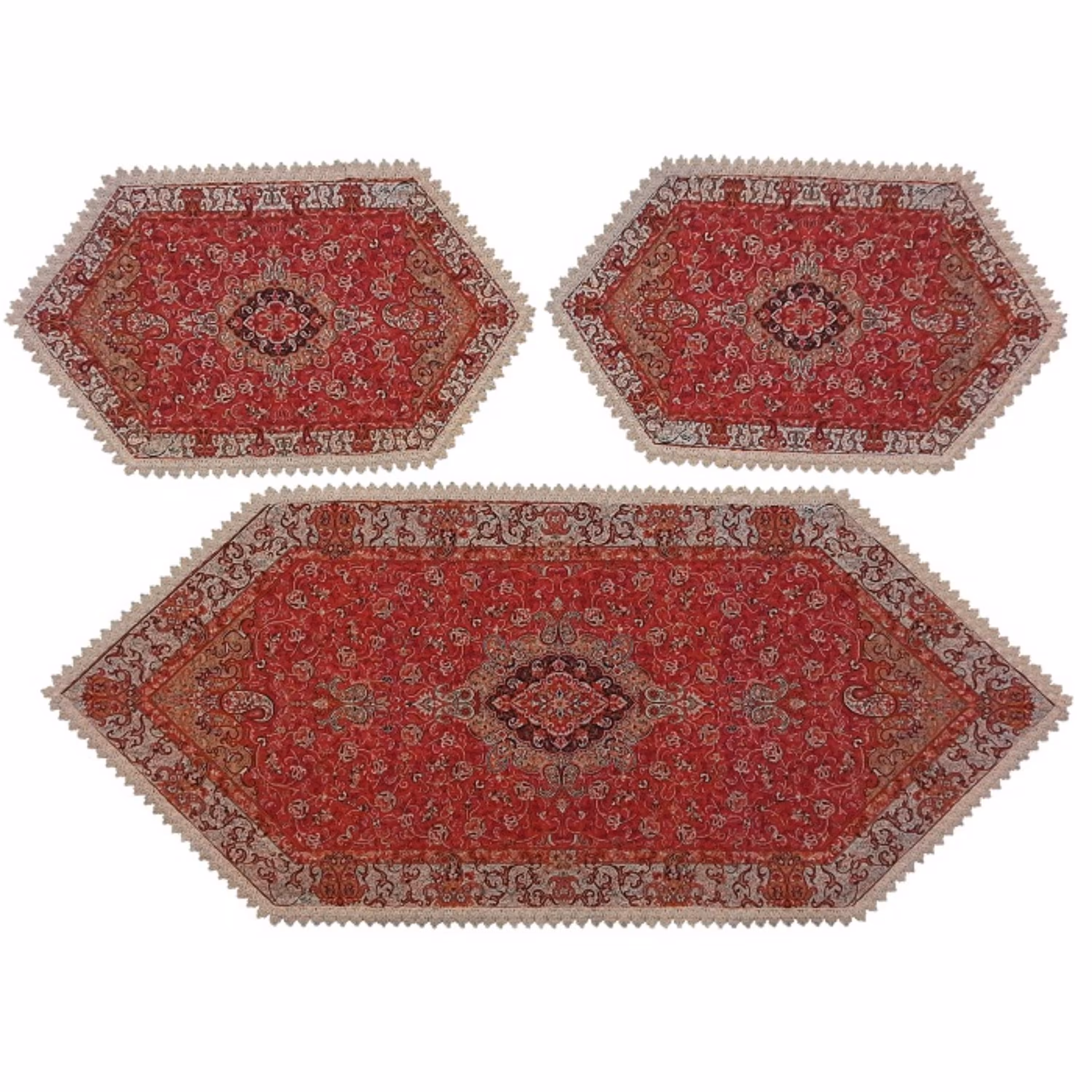 رومیزی سرویس ترمه ابریشم  کد TRSETE10  نفیس  رنگ قرمز  آستر زرشکی