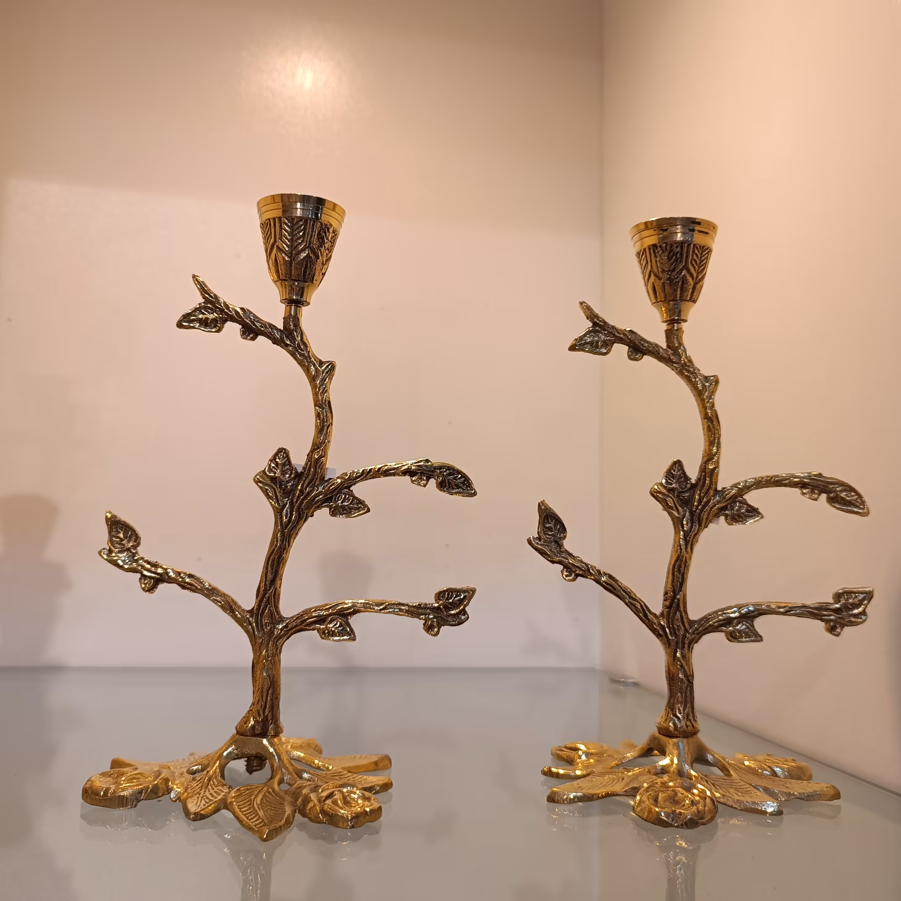 شمعدان برنجی(برنز) دو طرفه طرح شاخه کیفیت درجه یک بدون تغییر رنگ