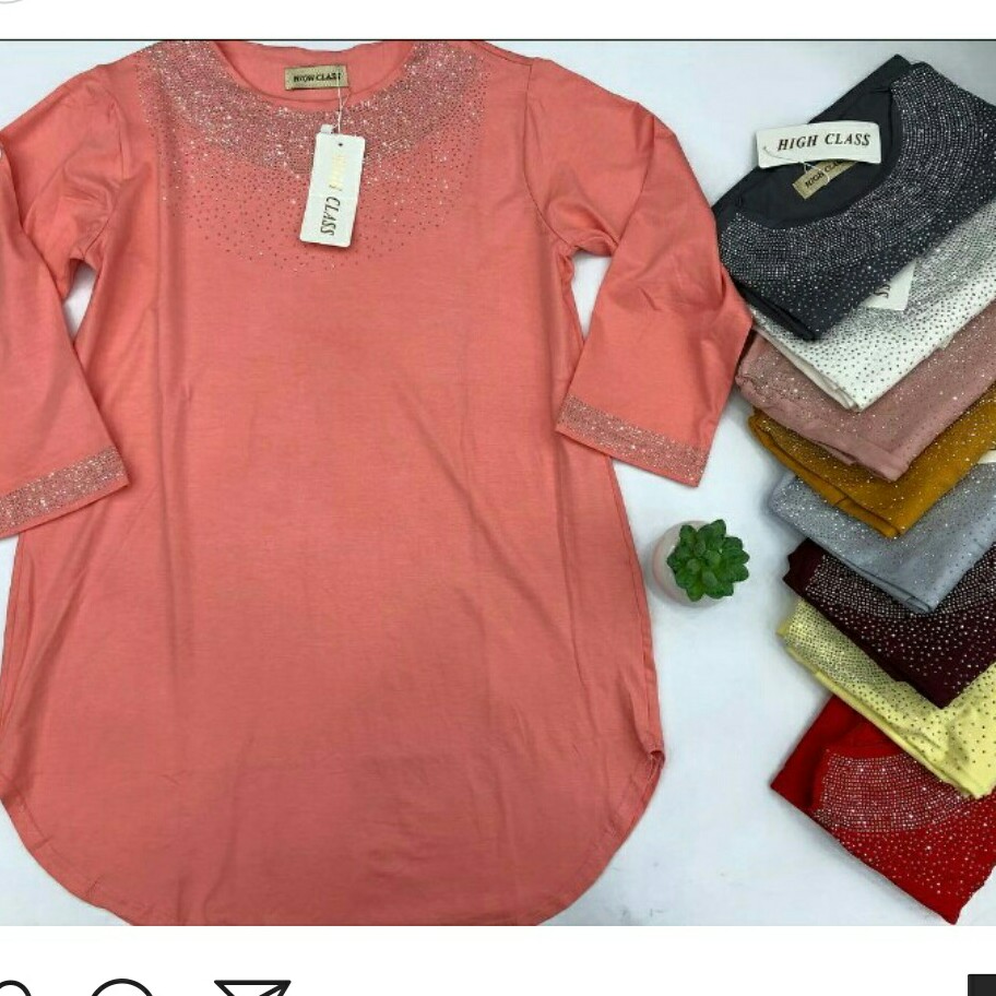 تونیک زنانه تریکو استین سه ربع نگین کاری جنس نخ پنبه