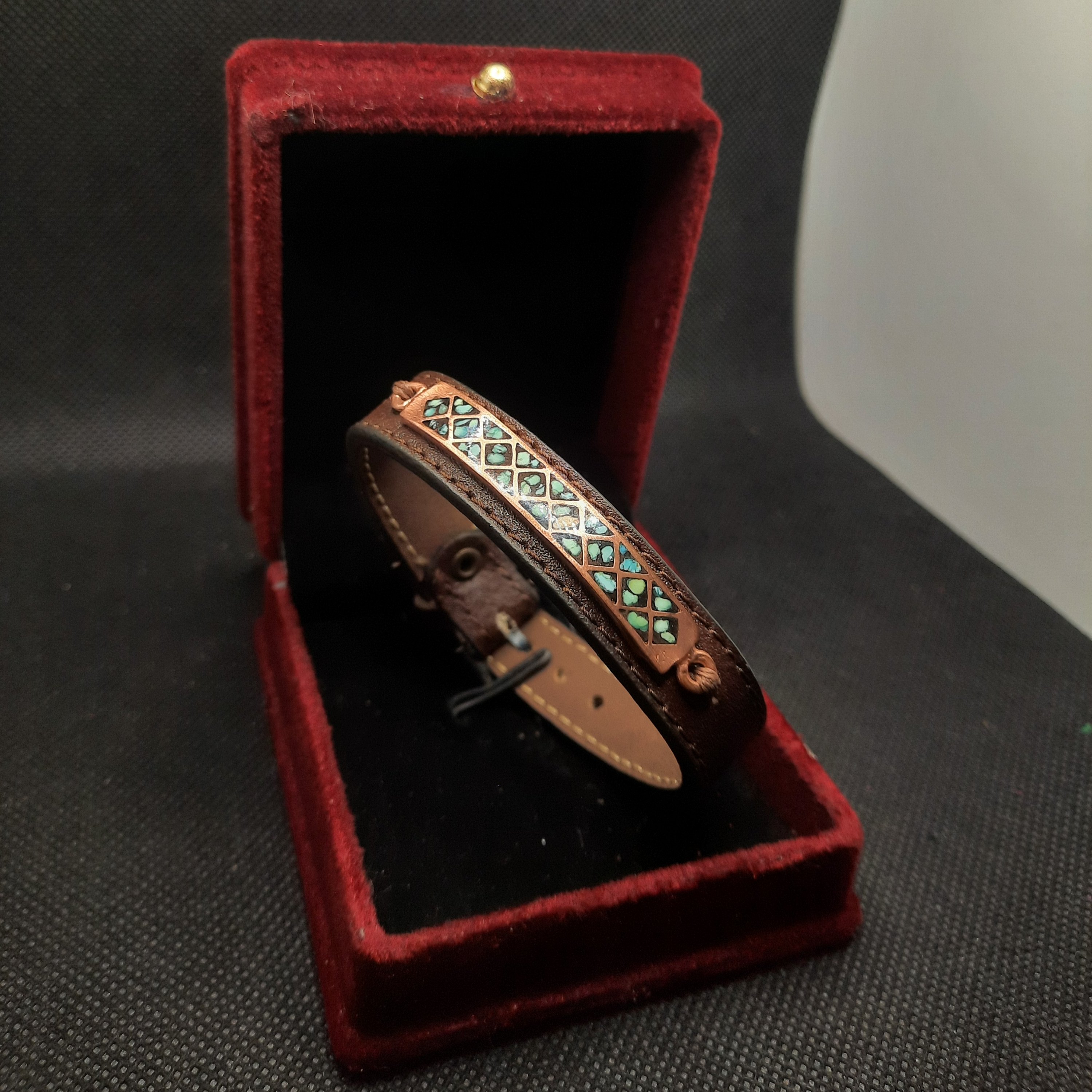 دستبند چرم مس فیروزه کوبی لوزی