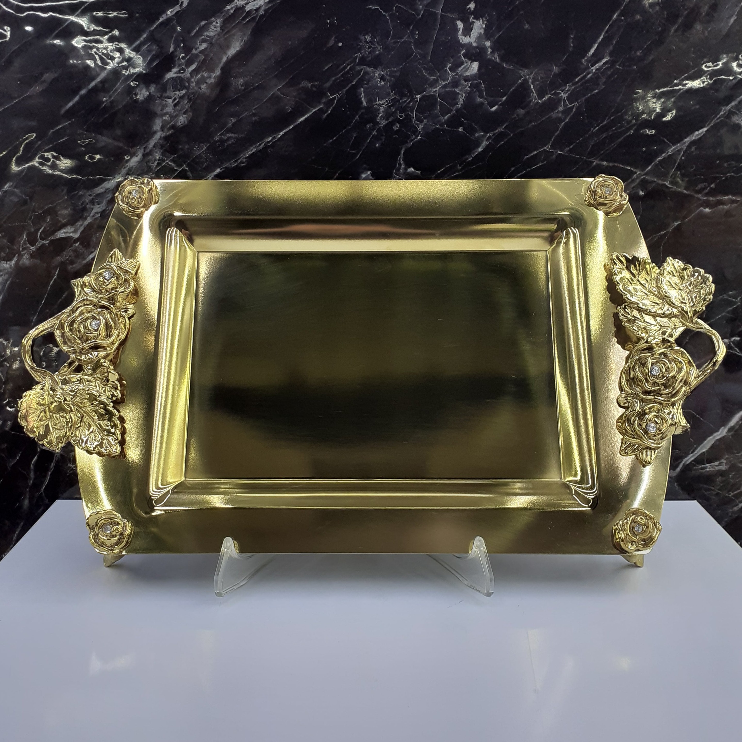 سینی سایز متوسط نگار ، استیل ضد زنگ ، طرح گل رز ، تمام طلایی