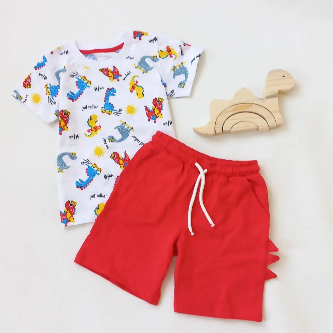 تی شرت و شلوارک پسرانه طرح دایناسور تابستانه نخ پنبه 