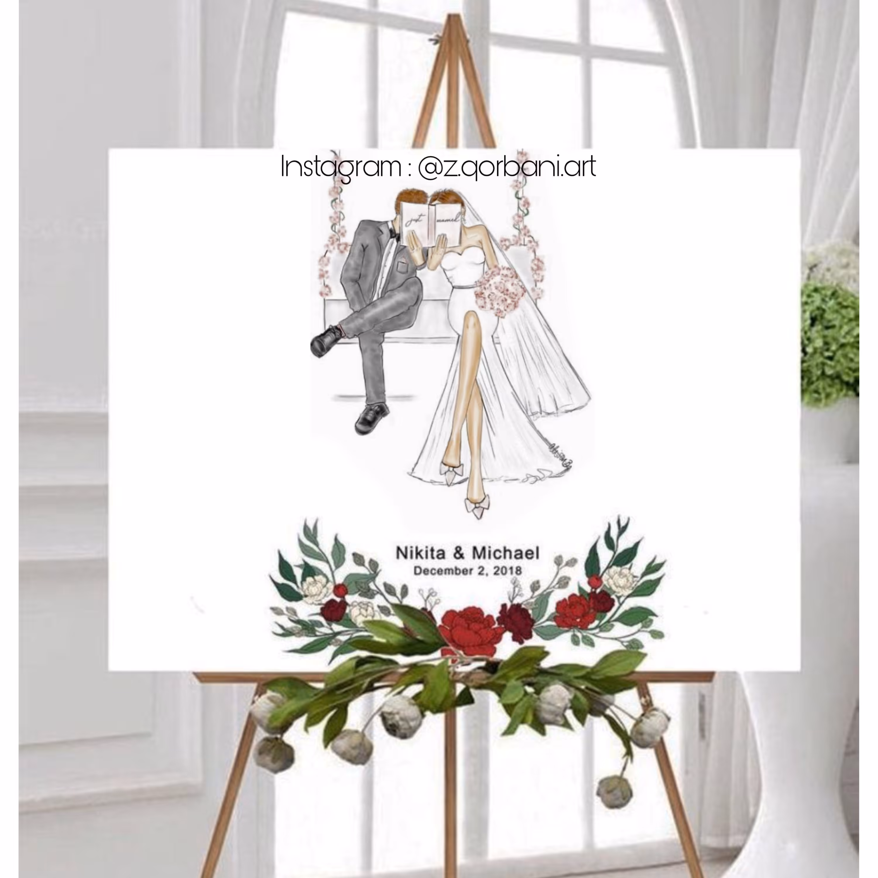 تابلوی نقاشی عروس داماد ویژه ی تابلوی یادبود  یا تابلوی امضا کد 009
