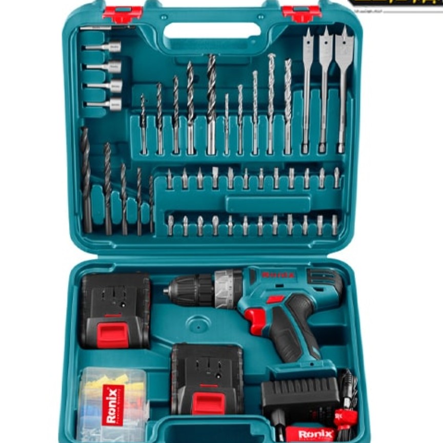 کیت دریل شارژی چکشی 18ولت دو باتری 53 پارچه رونیکس مدلrs8019 جدید 