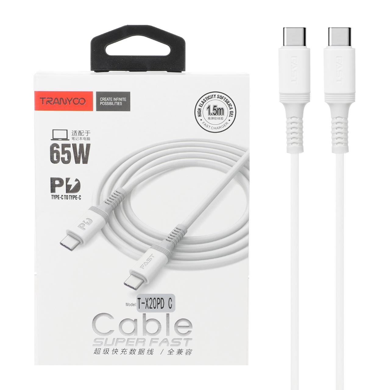 کابل شارژ PD و فست 1.5 متری TRANYOO Type-C To Type-C مدل T-X20PD C - سفید NEW