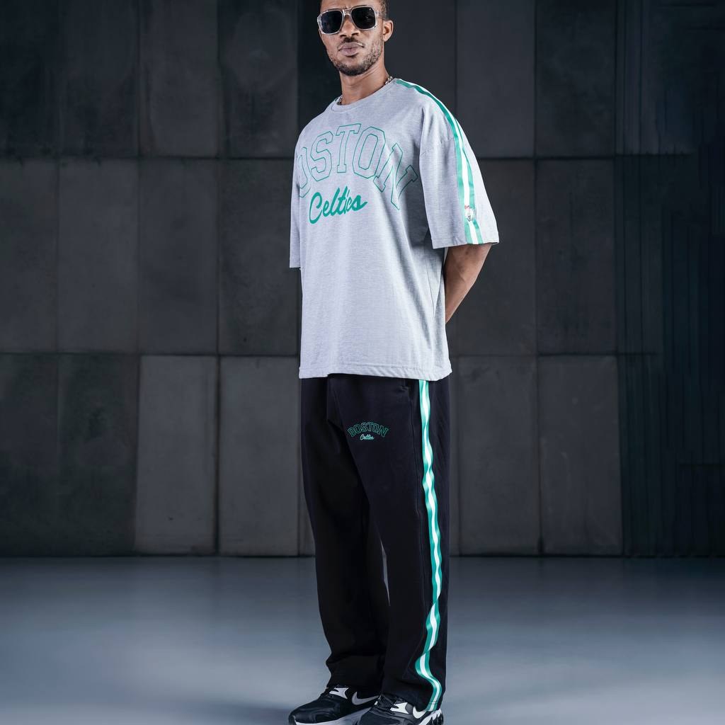 ست تیشرت و شلوار اسلش نخی مدل بوستون رنگ سفید و طوسی