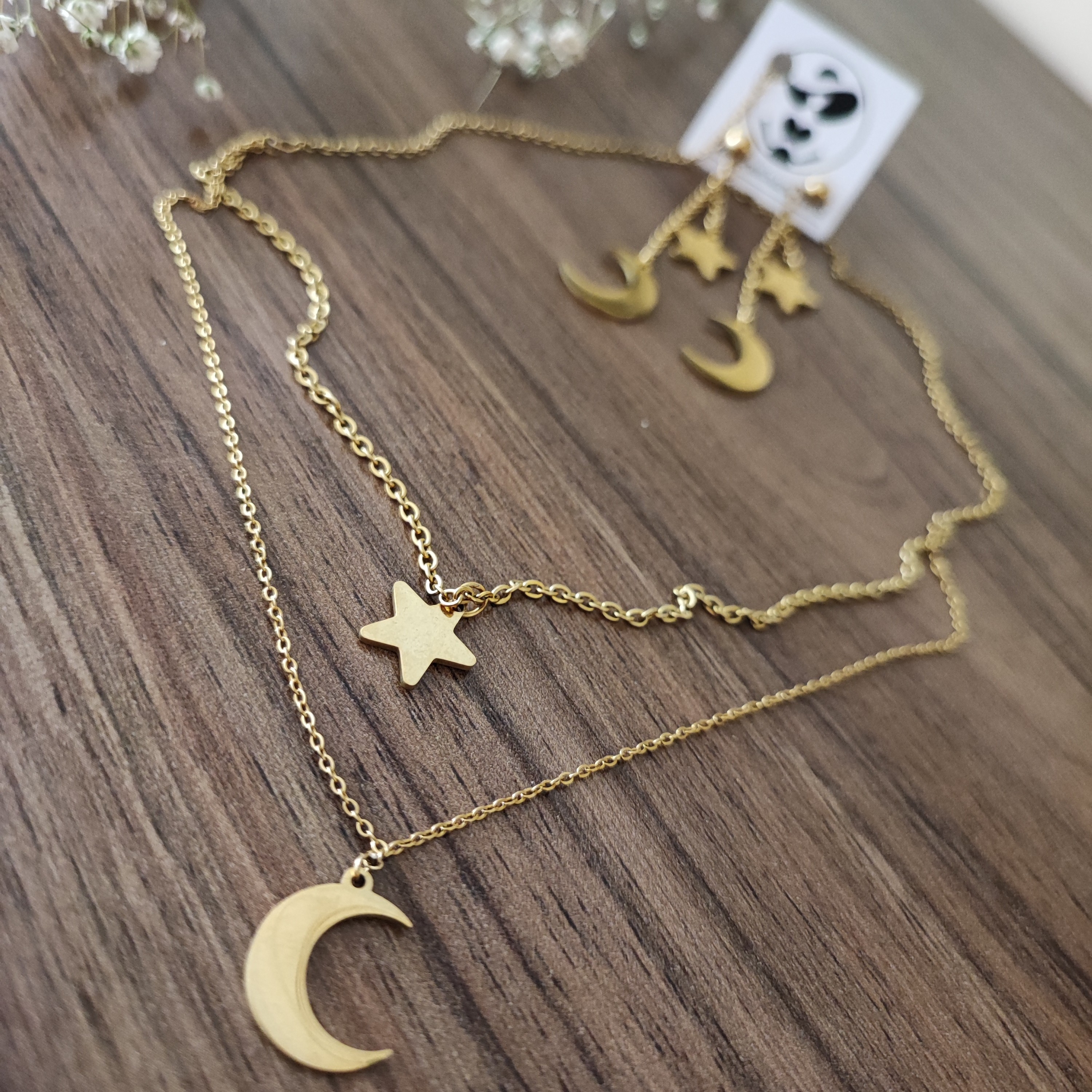 نیم ست گوشواره و گردنبند دولاینه ماه و ستاره استیل  مشابه طلا 
