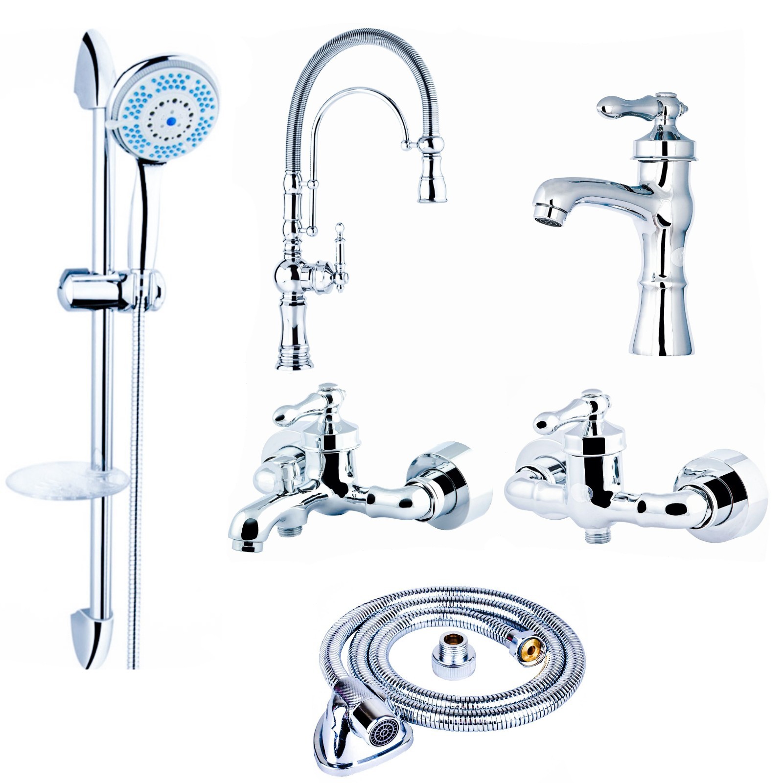 ست شیرآلات رز مدل ویکتوریا لایت مجموعه 6 عددی کروم به همراه شیر ظرفشویی شاوری فنردار بلند