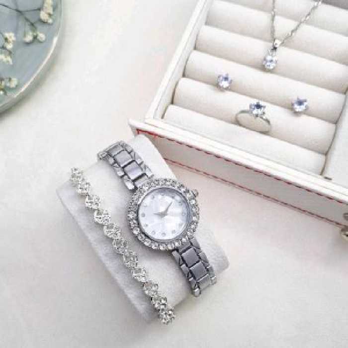 ست ساعت نگین دار همراه دستبند،گردنبند،انگشتر،گوشواره