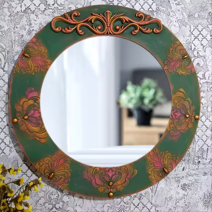 آینه گرد چوبی قطر 50 سانت طرح برجسته