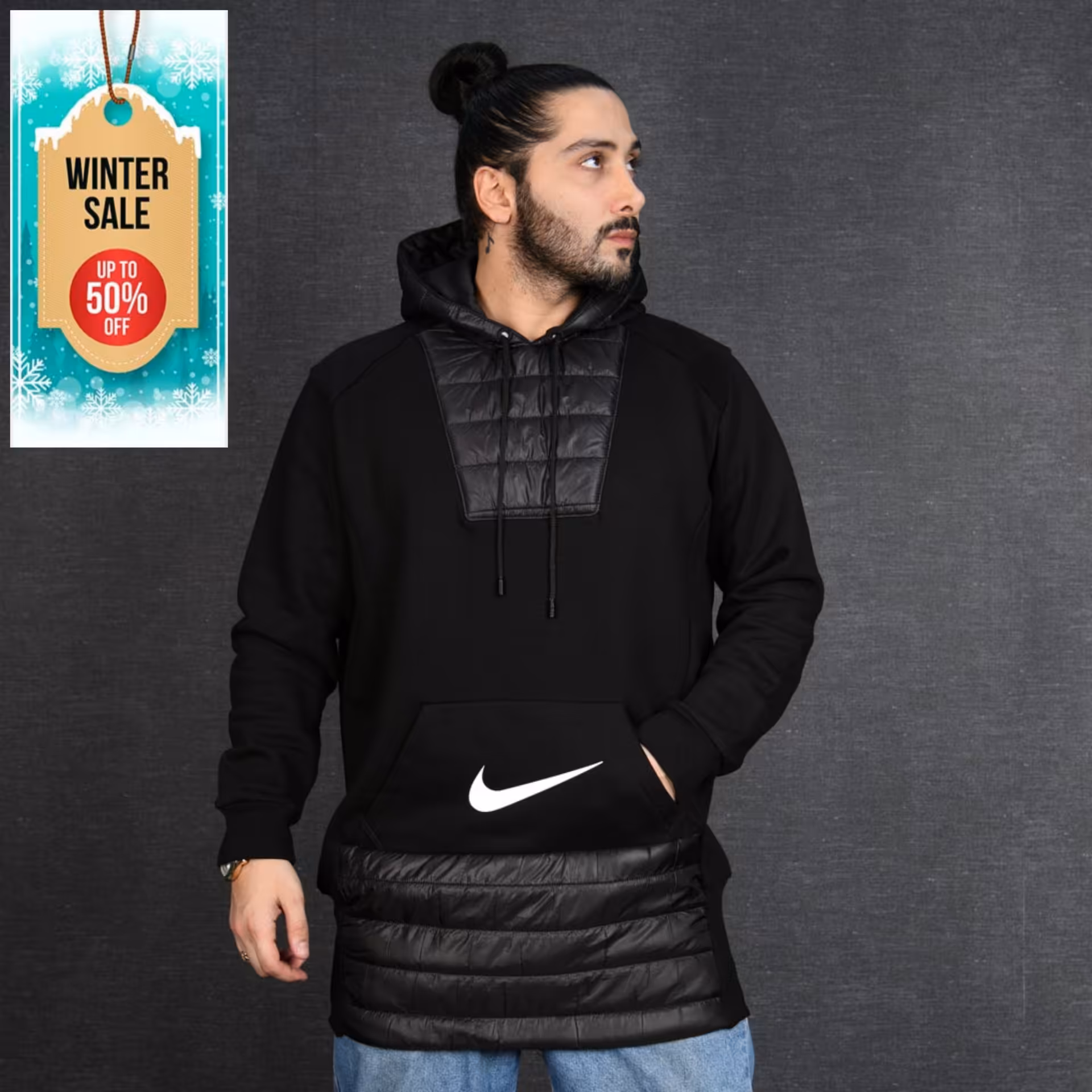 هودی مردانه نایک مشکی  دورس سه نخ شمعی  داخل کرکی 