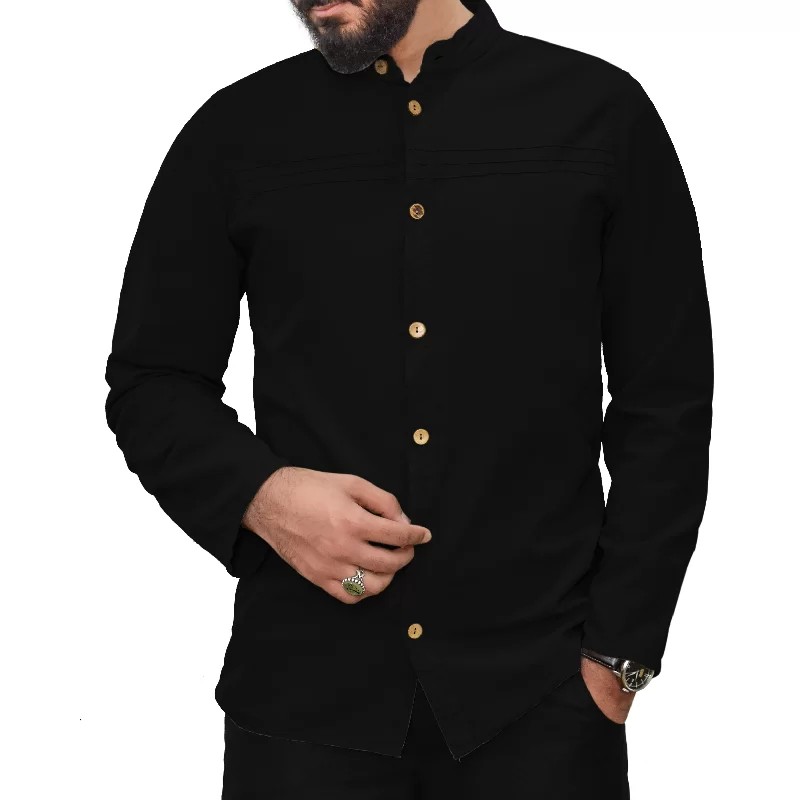 پیراهن الیافی تمام دکمه رنگ مشکی