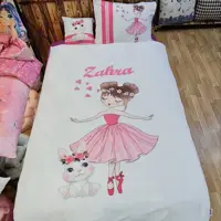 ست روتختی چاپی مدل دوخت کاور و پرده ، فرشینه ، قنداقی ، تشک گارد دار مخصوص سیسمونی دخترانه با طرح دلخواه و اسم کودک 