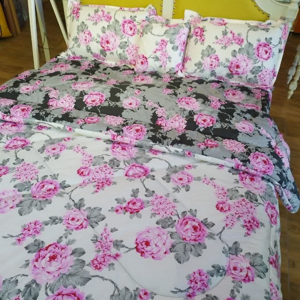 روتختی تکنفره 120 کتان پلی استر کد 362 دو رو طرح گلدار سفید طوسی