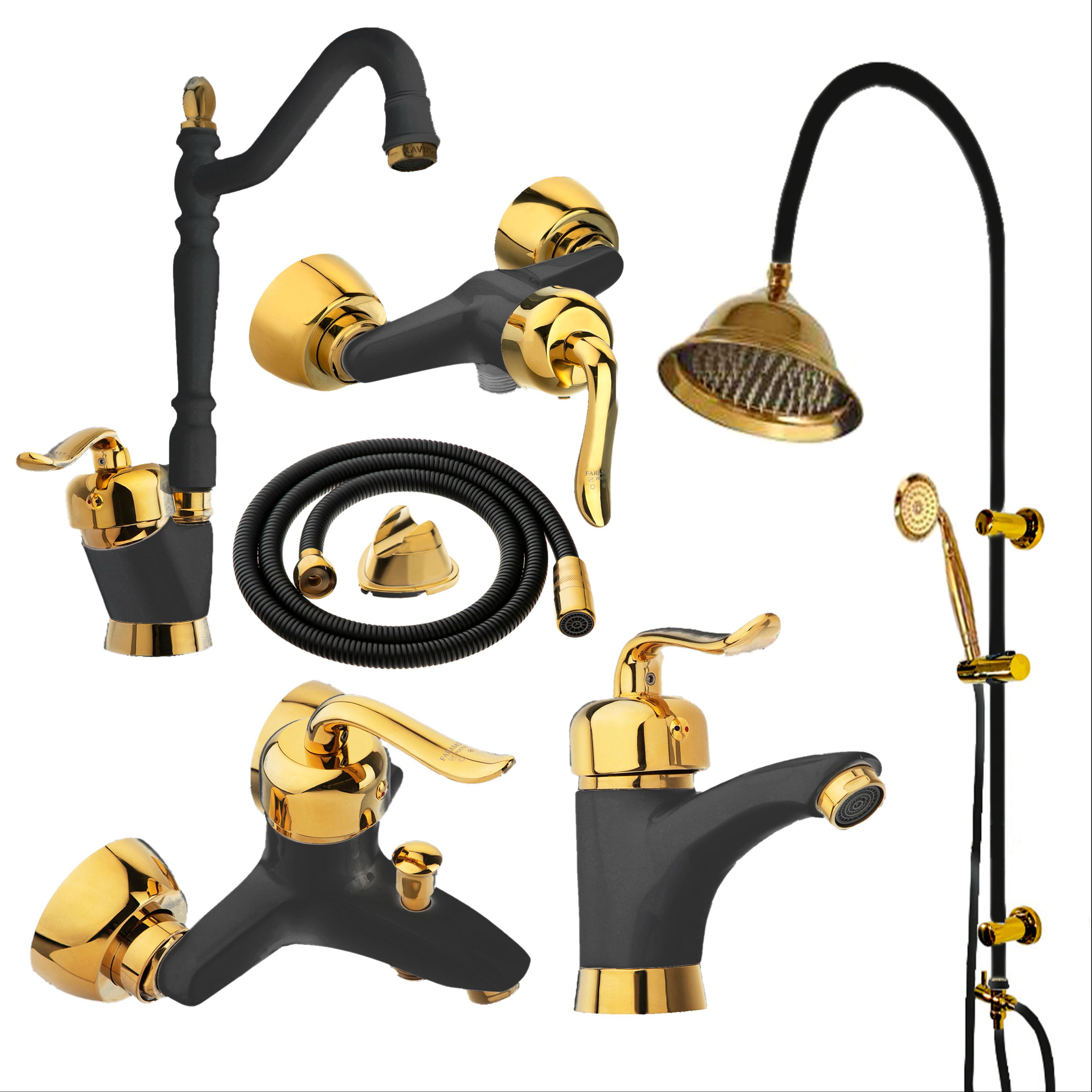 ست 6تیکه شیرآلات مشکی طلایی همراه علم دوش دوکاره و شلنگ توالت