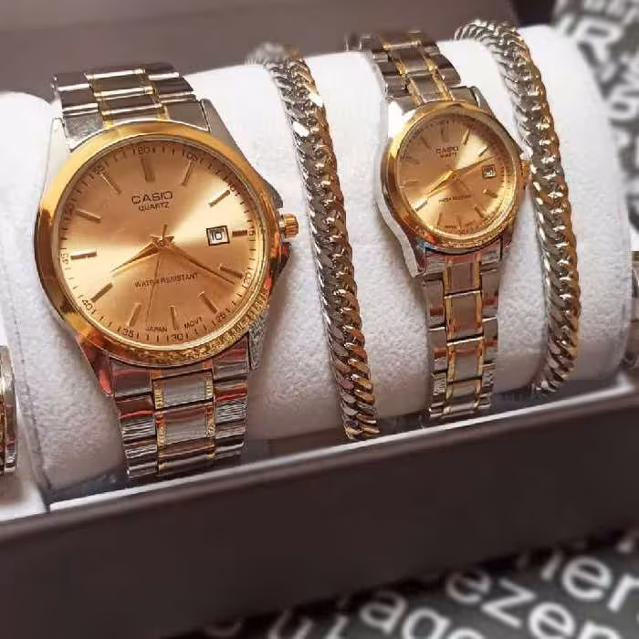 ساعت مچی ست مردانه و زنانه کاسیو بدنه استیل صفحه طلایی CASIO 