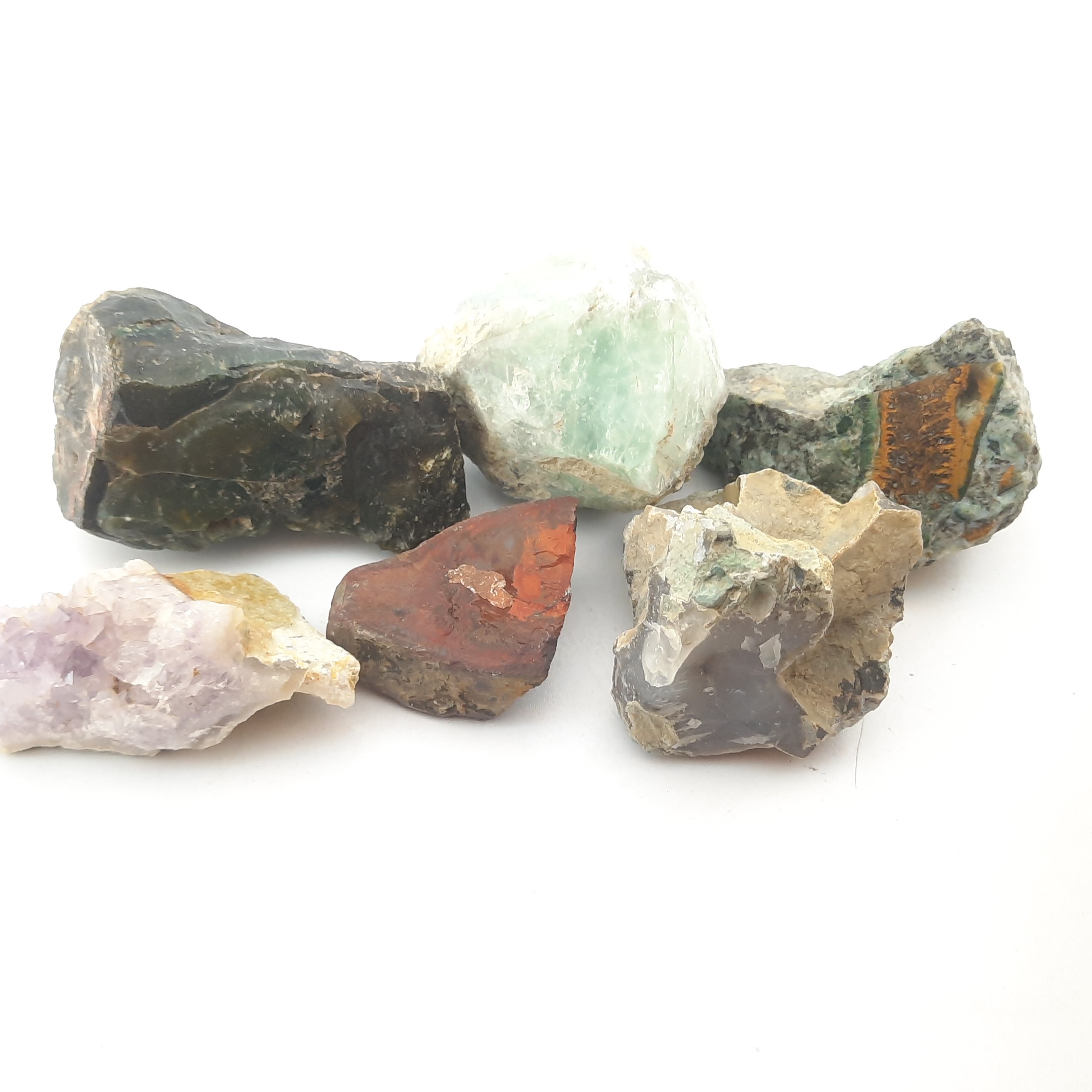 مجموعه هفت عددی سنگ راف کلکسیونی کد کلکسیون28 صد در صد معدنی فلورین یا فلوریت صورتی و سبز آمتیست ژاسپر سبز عقیق