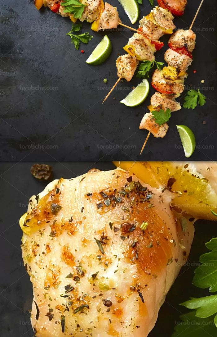 عکس با کیفیت جوجه کباب با سیخ چوبی و لیمو تازه - گرافیک با طعم تربچه