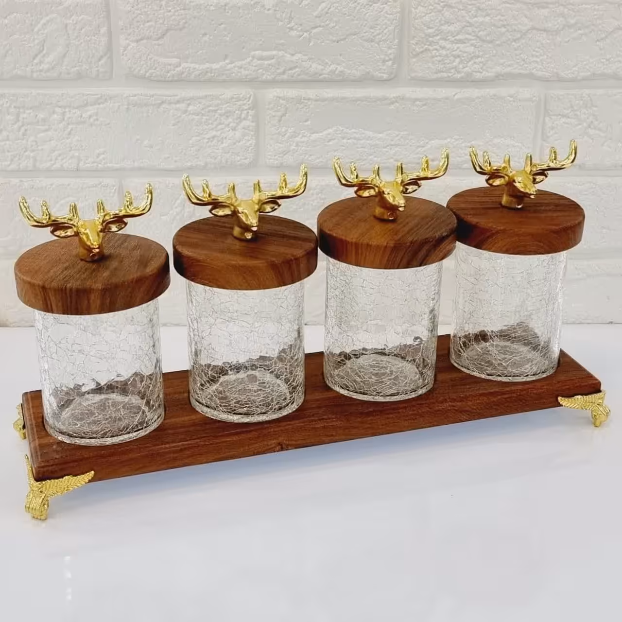ست ادویه چهار پارچه استوانه شیشه ترک کفه چوبی کد 8