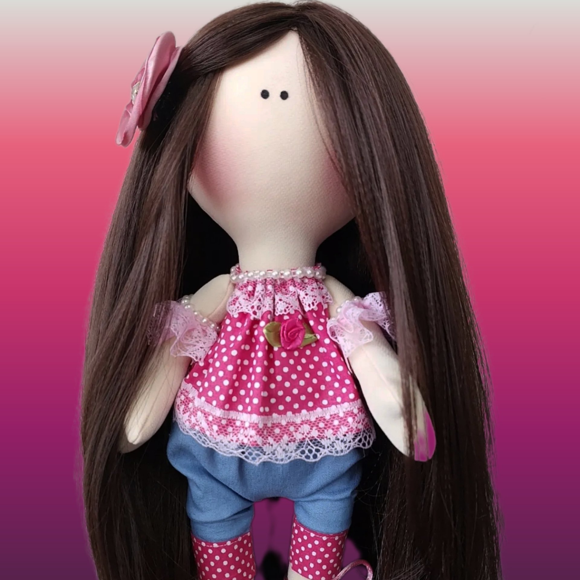 عروسک روسی دختر سرخ ابی رنگ سایز 33cm آماده ارسال قابل شستشو کفش چرم بزی دستساز