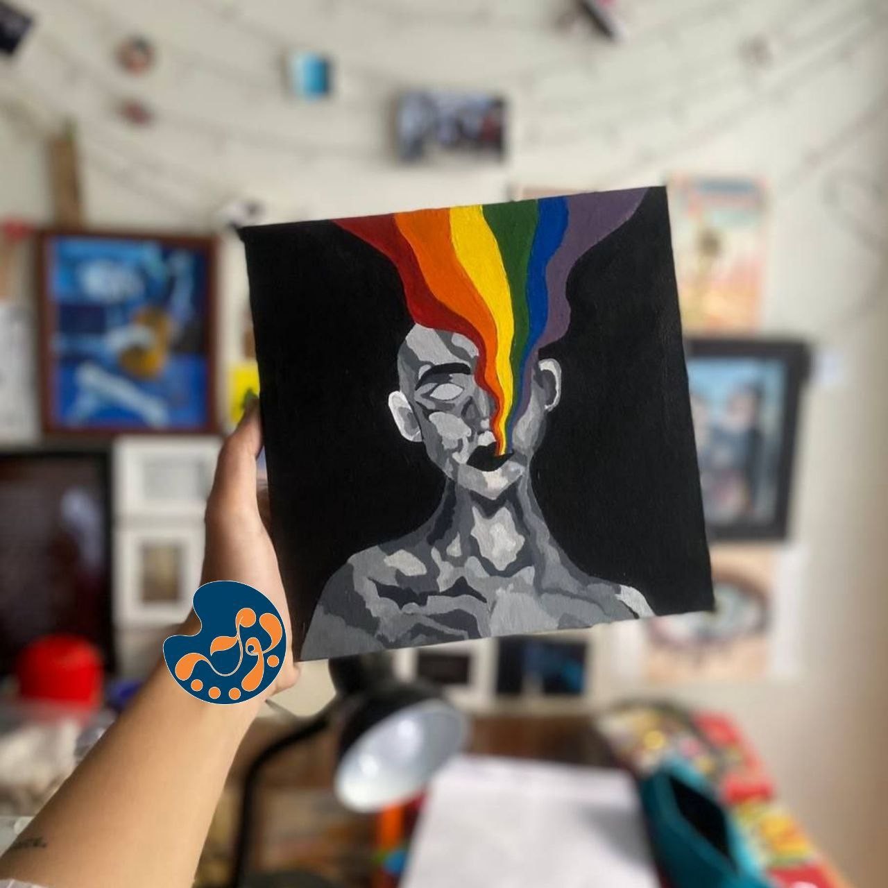 تابلو نقاشی دود رنگین کمون رنگ اکریلیک ، کد MCon07(ابعاد 20 در 20 ) بومچه