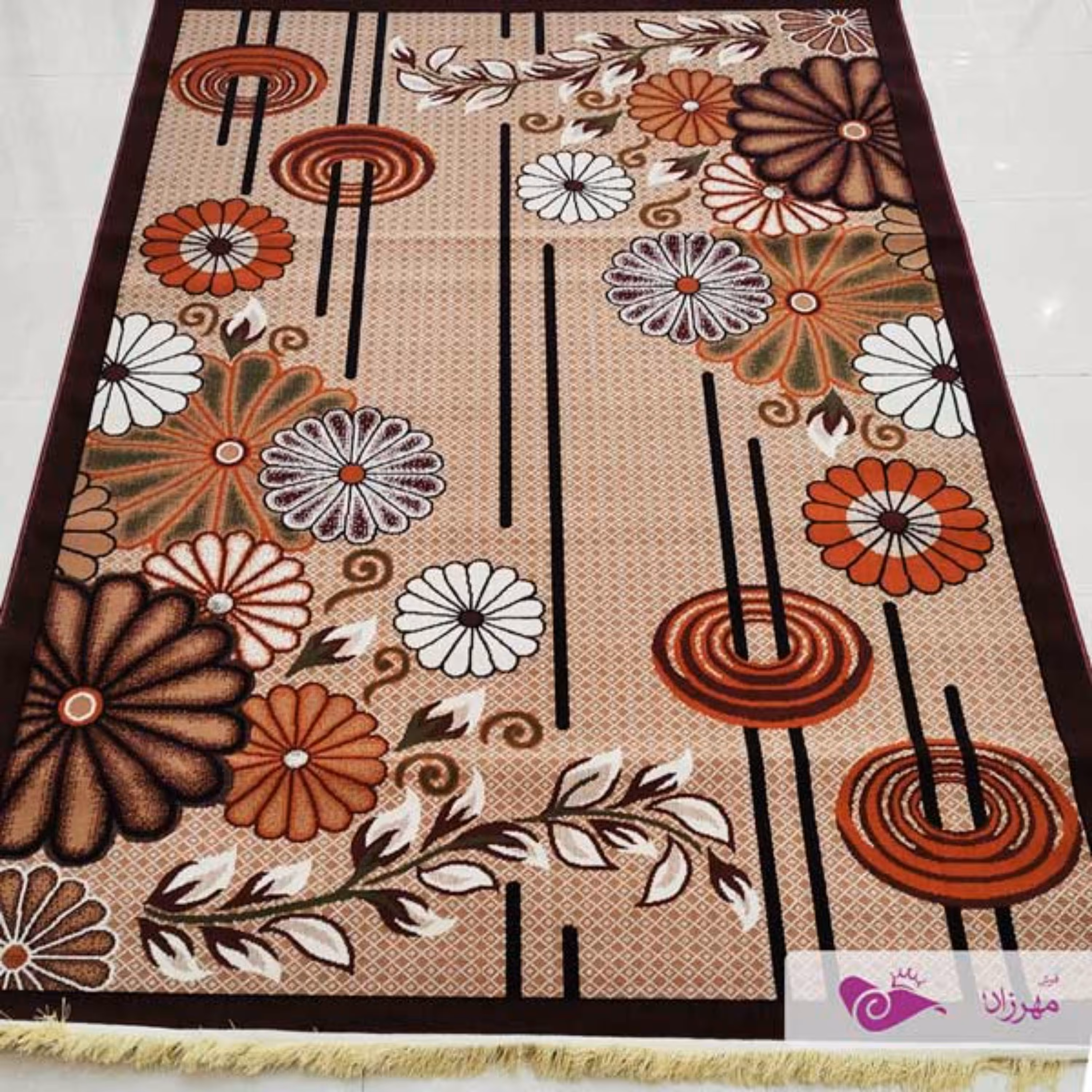 گلیم ماشینی 6 متری  طرح  گلسان لوزی بژ عنابی با ارسال رایگان