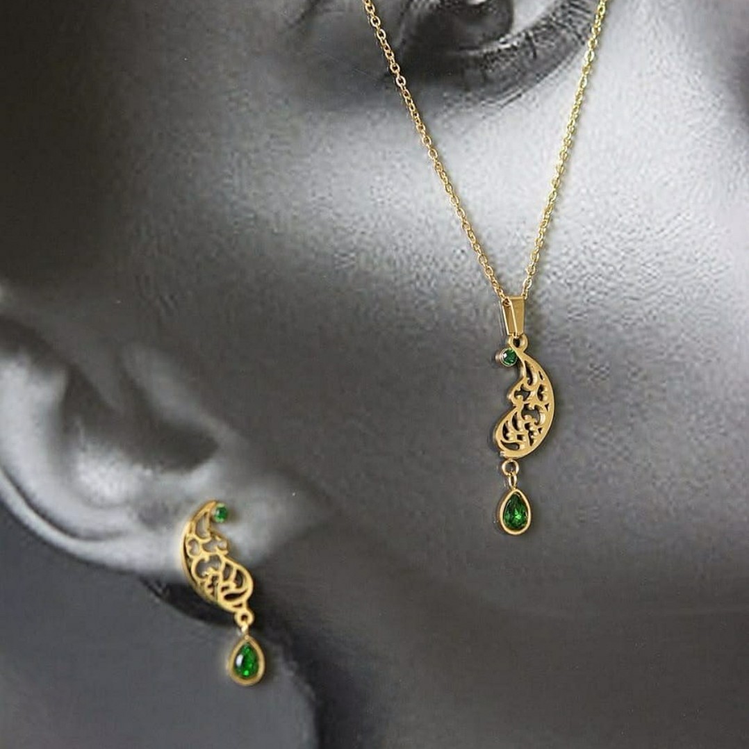 نیم ست استیل طلایی طرح ترنج با نگین طرح زمرد