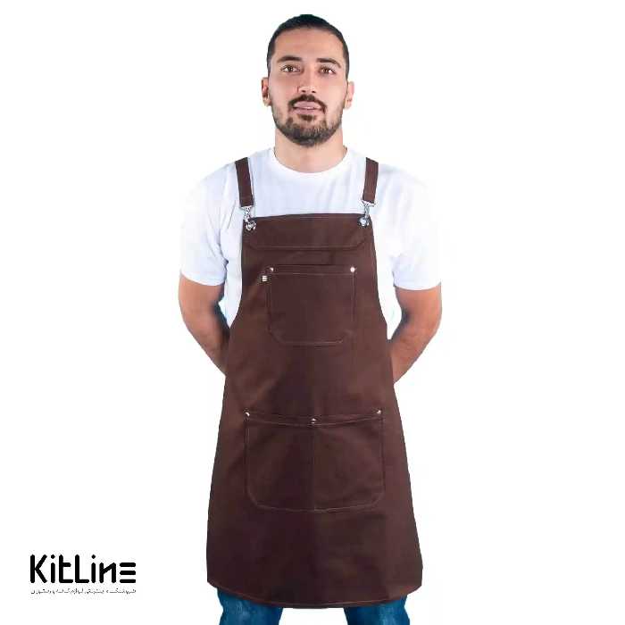 پیشبند کتان کجراه 3 جیب قهوه‌ای کیوان