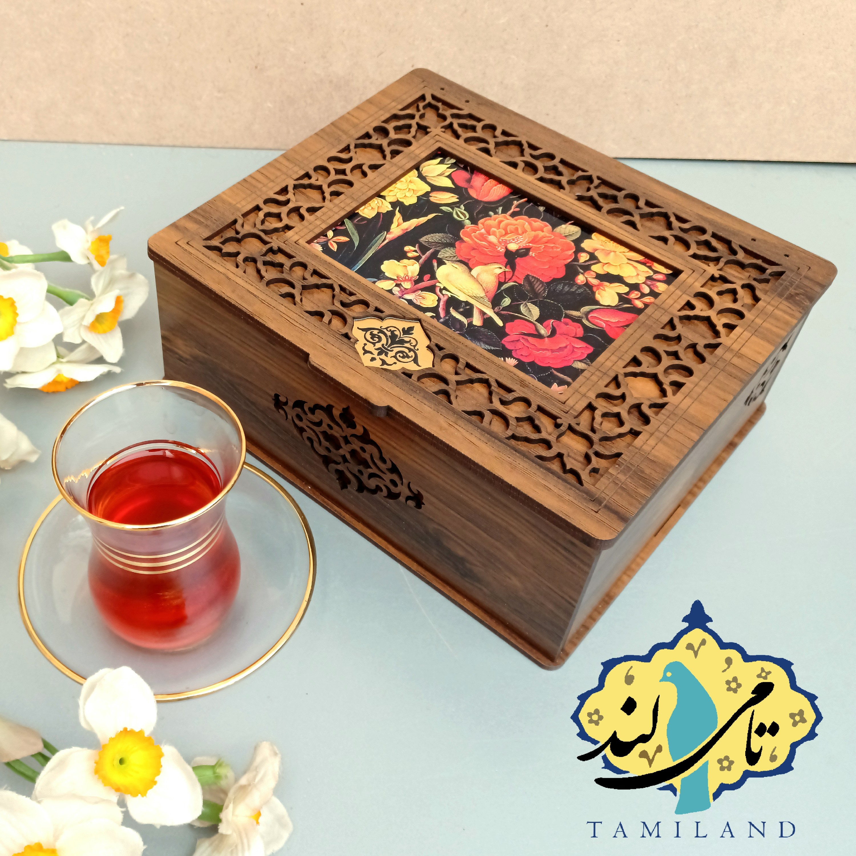 جعبه دمنوش و تنقلات چوبی لوکس پنج خانه طرح گل و مرغ
