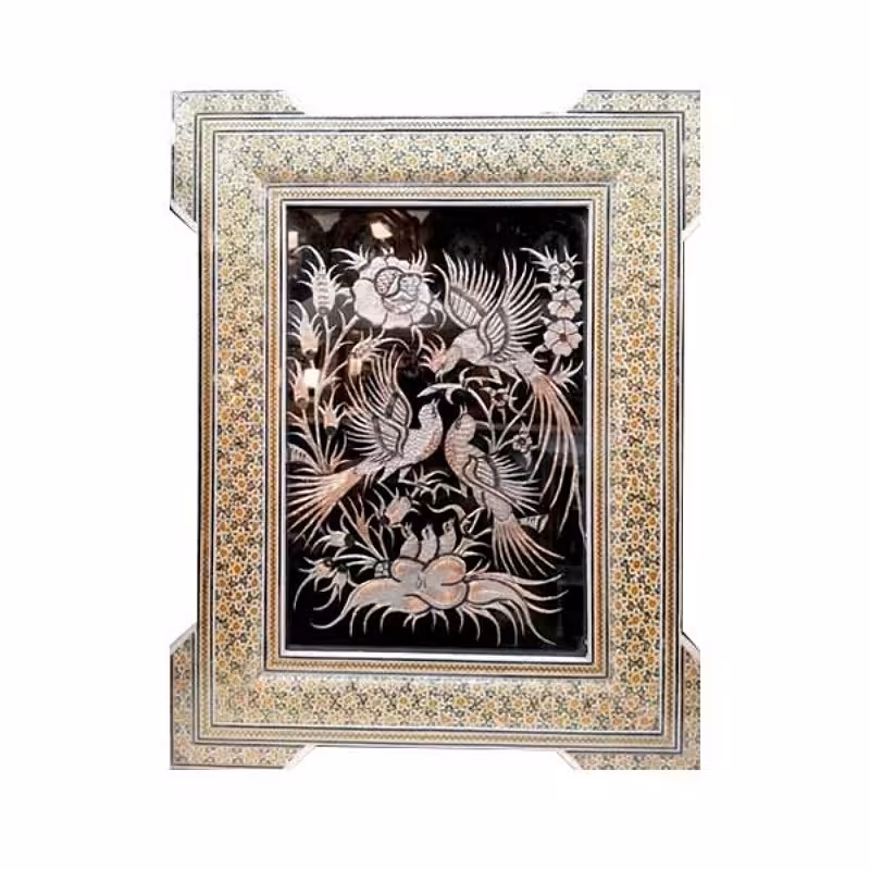 تابلو قلمزنی مسی با قاب خاتم کاری سه گل گوشه دار اعلا  30در40