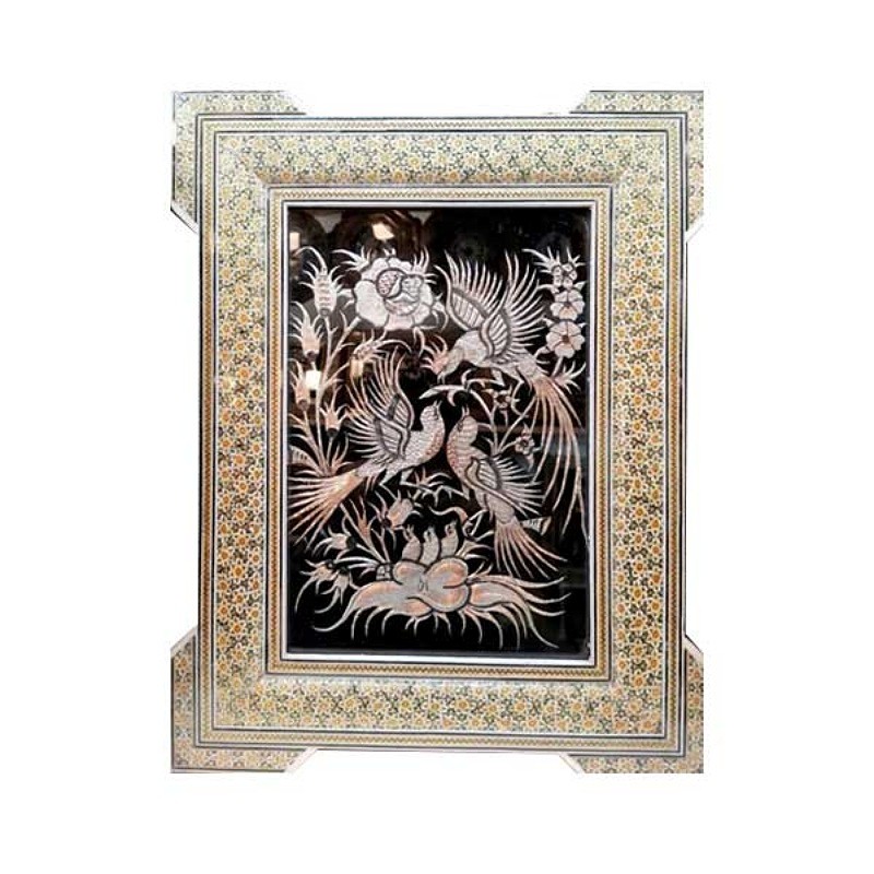 تابلو قلمزنی مسی با قاب خاتم کاری سه گل گوشه دار اعلا  30در40