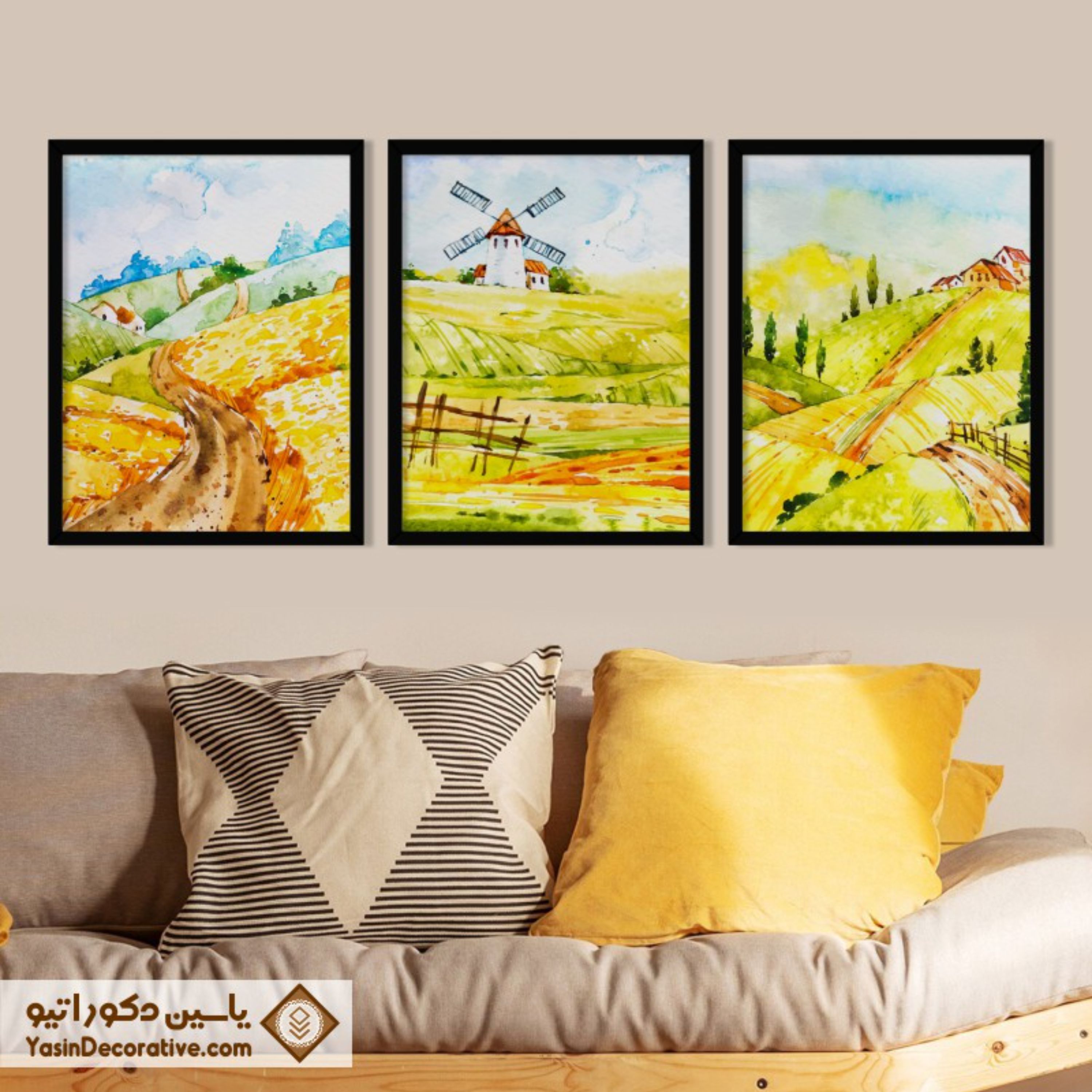 تابلو دکوراتیو طرح نقاشی آبرنگ منظره روستایی مجموعه 3 عددی سایز 50 در 70