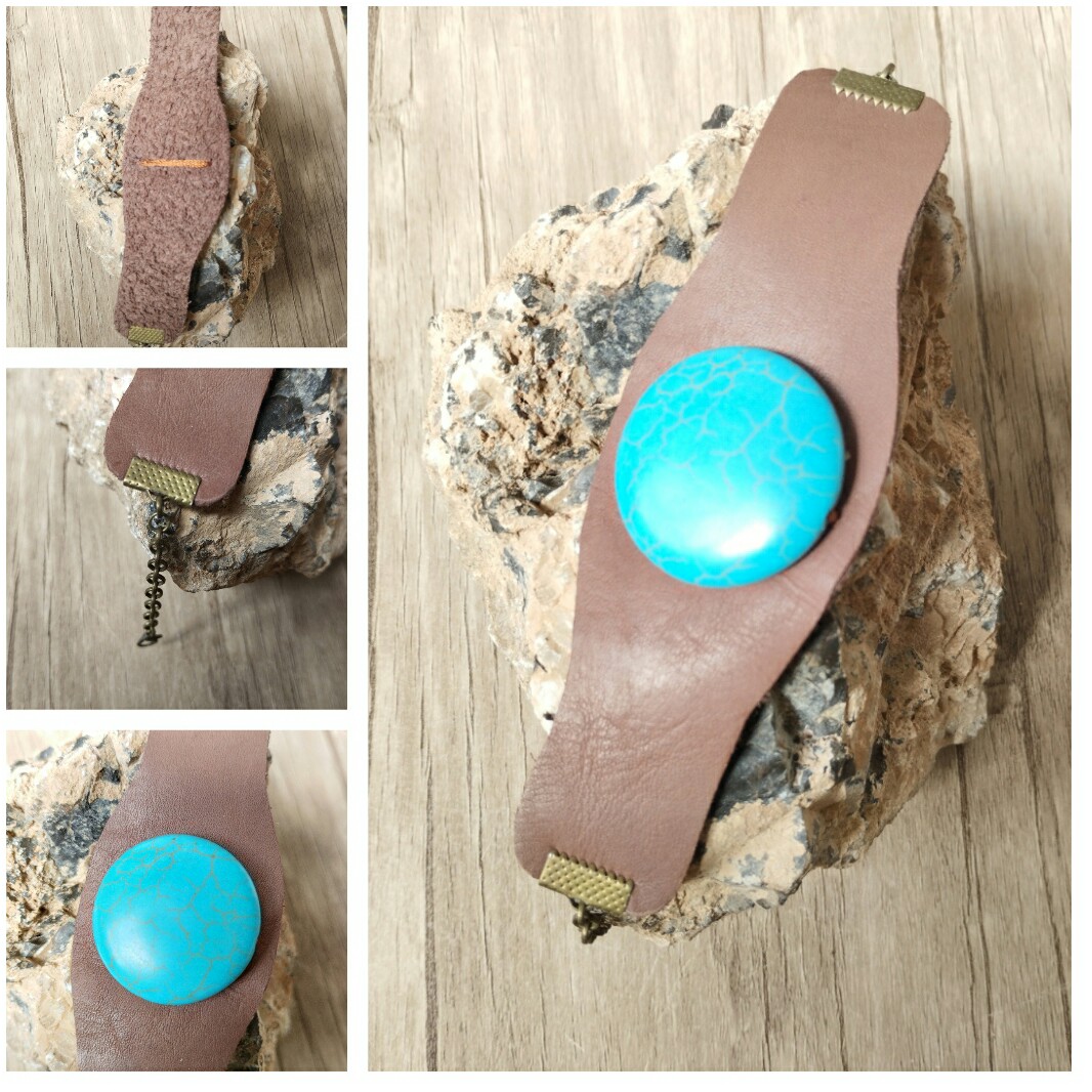 دستبند چرم اصل  قهوه ای با سنگ فیروزه هندی  درشت دوخته شده با نخ ابریشم با گیره و  زنجیر برنزی و قفل طوطی قابل تنظیم 