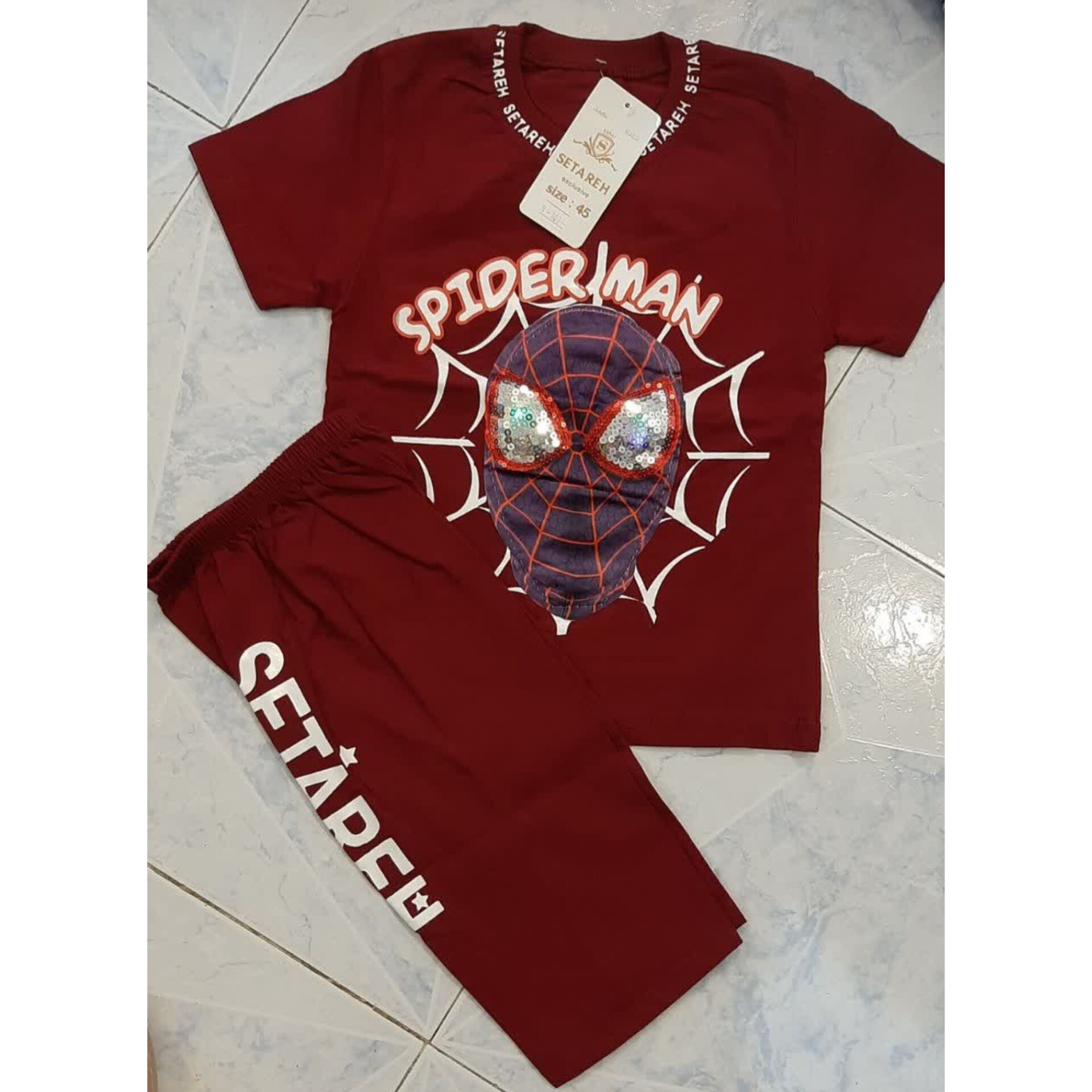 تیشرت و شلوارک عنکبوتی سایز 45 تک رنگ زرشکی چراغ دار