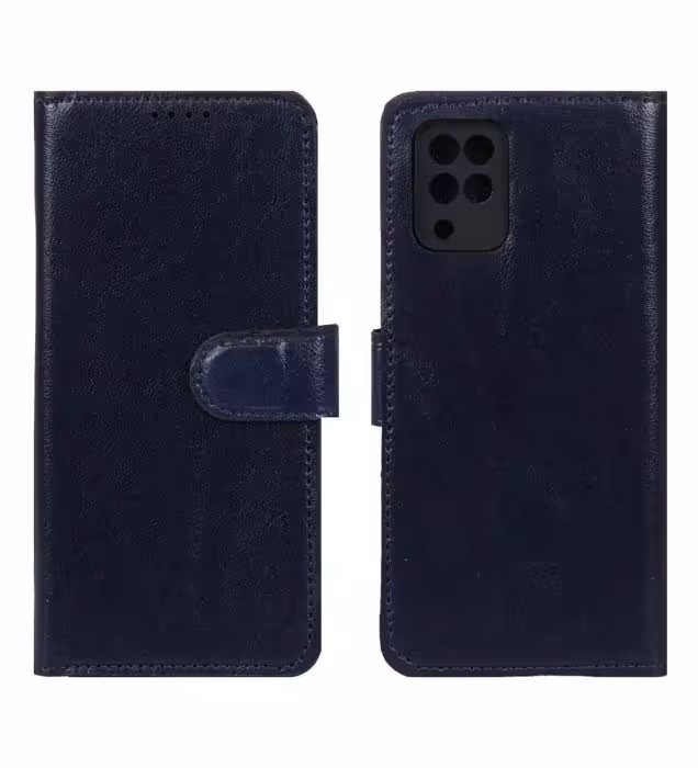 کیف موبایل چرمی مگنتی محافظ لنزدار سامسونگ Galaxy A12 / M12 / F12 - سرمه ای