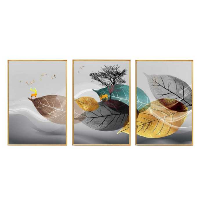 تابلو دکوراتیو طرح گوزن و برگ پاییزی مجموعه سه عددی سایز 50 در 70