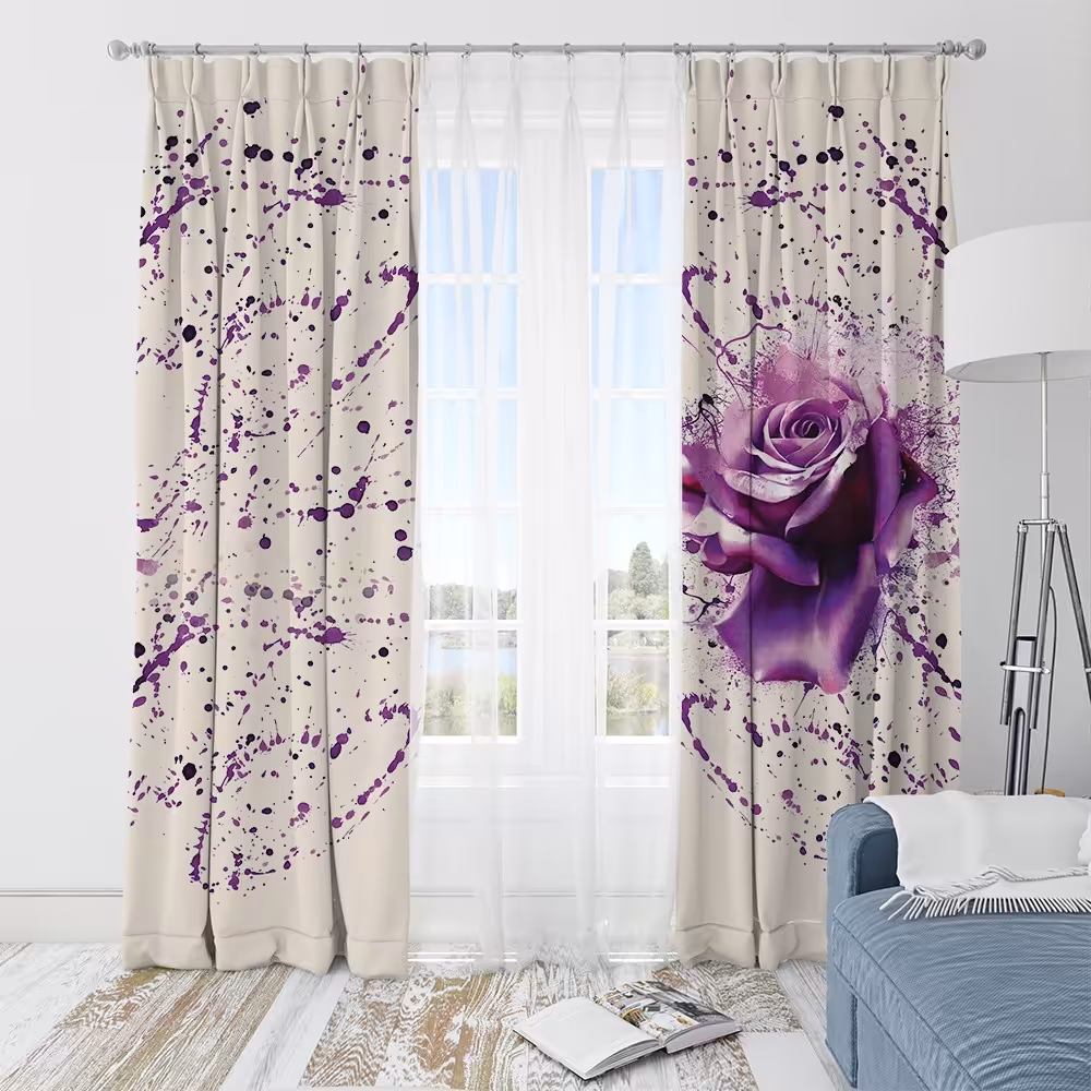 پرده اتاق خواب و پذیرایی یک قواره با طرح گل بنفش