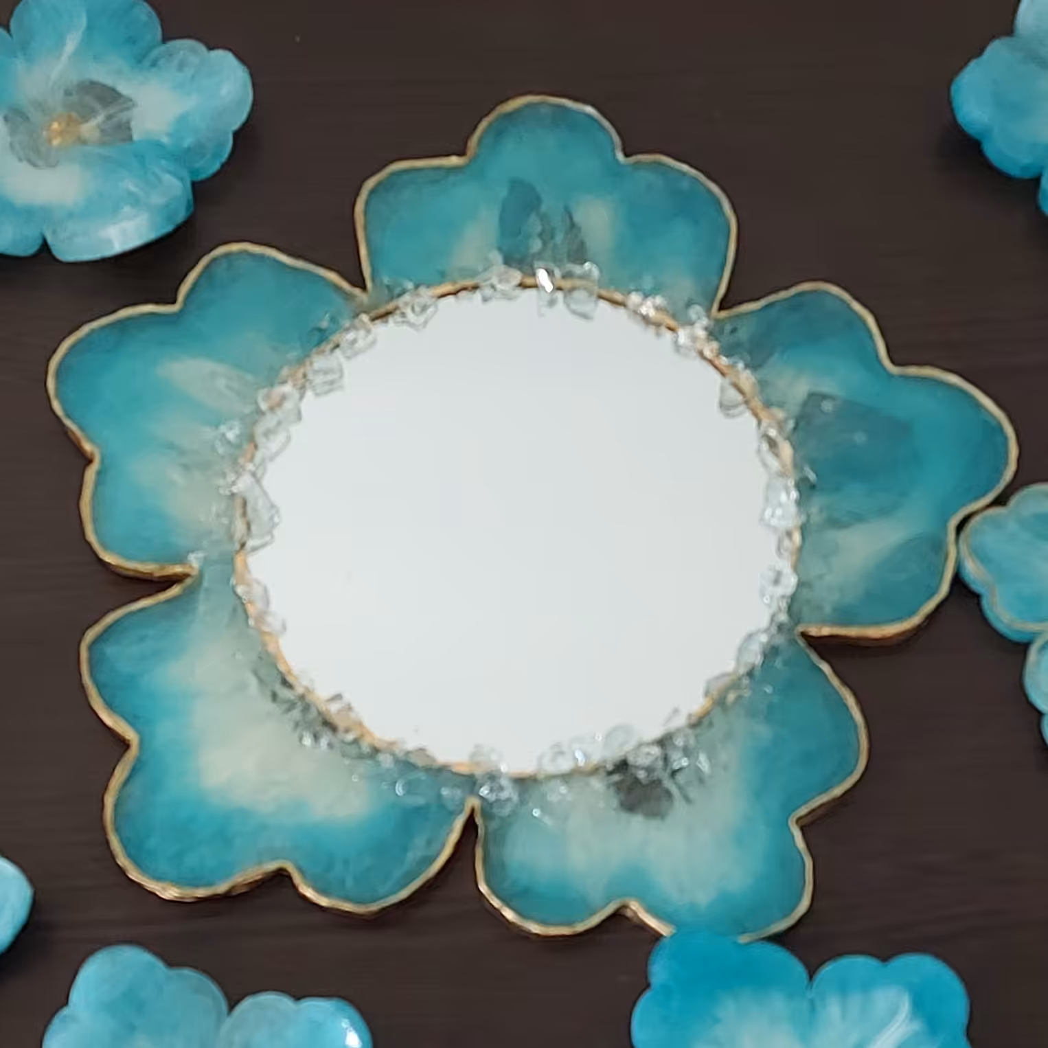 آینه طرح گل فیروزه ای رزینی