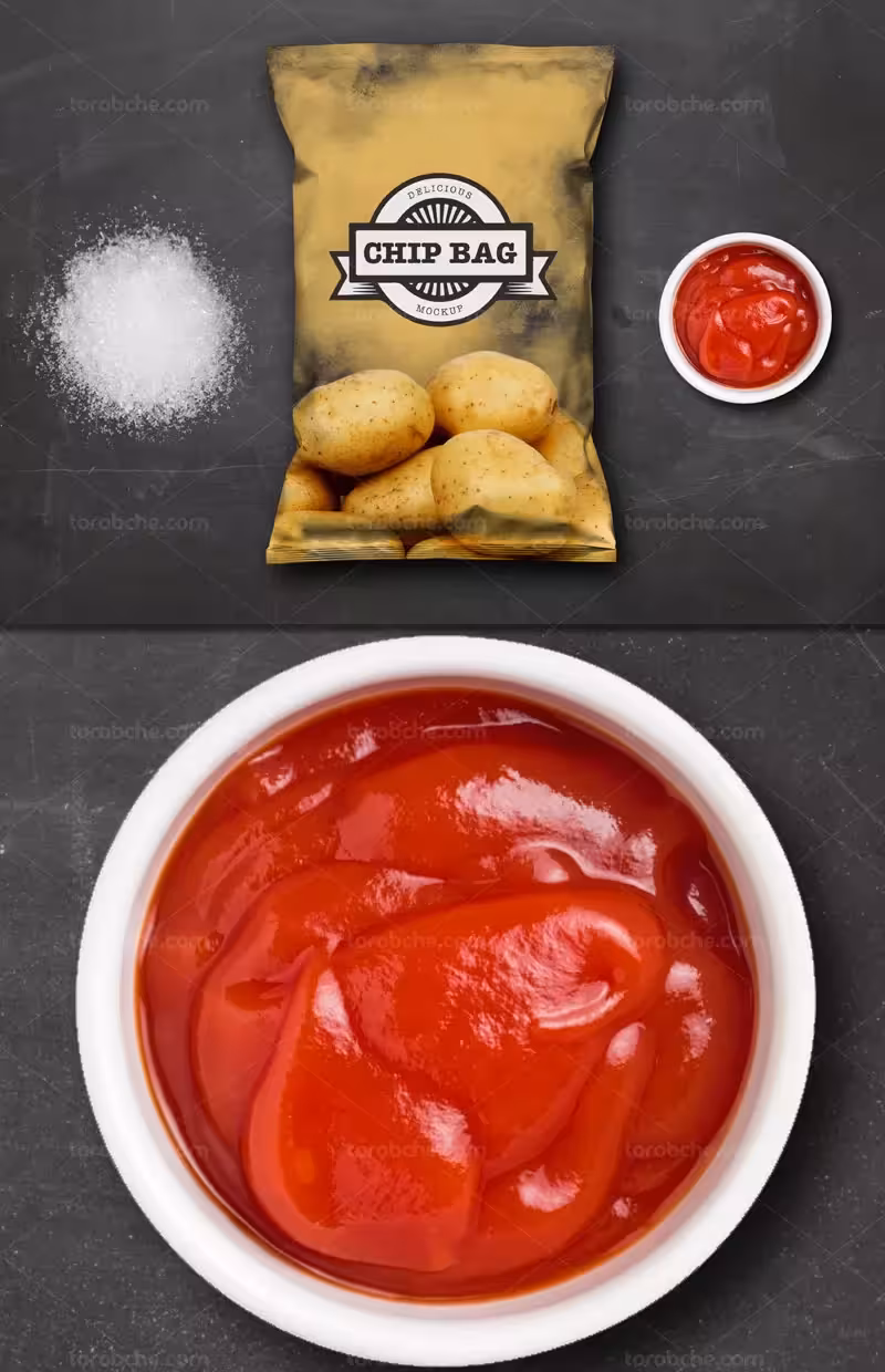 موکاپ لایه باز بسته بندی چپس فویلی با سس کچاپ | گرافیک با طعم تربچه