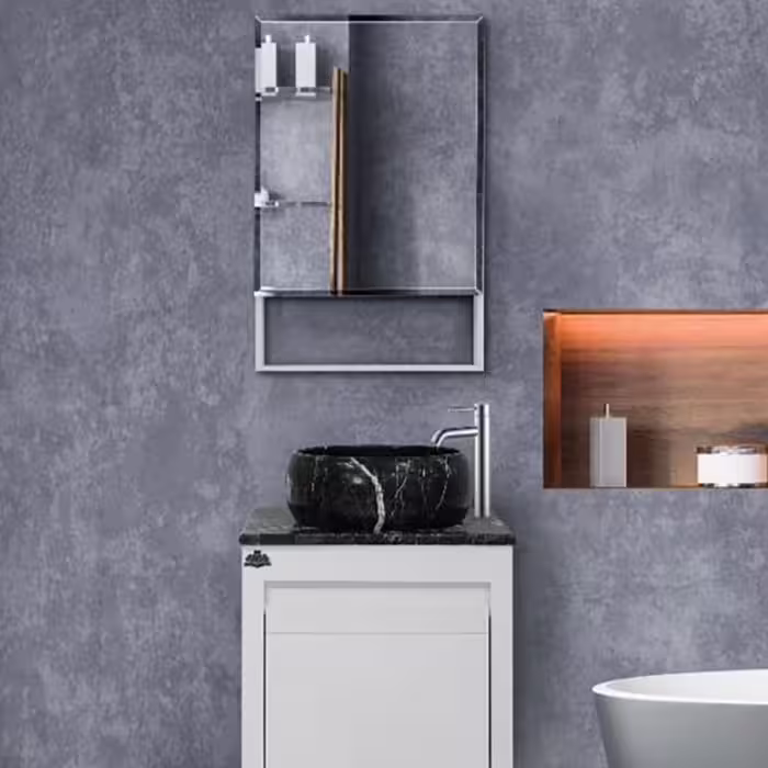 روشویی کابینتی لیزا سفید سایز 60 با سنگ طبیعی مشکی همراه آینه