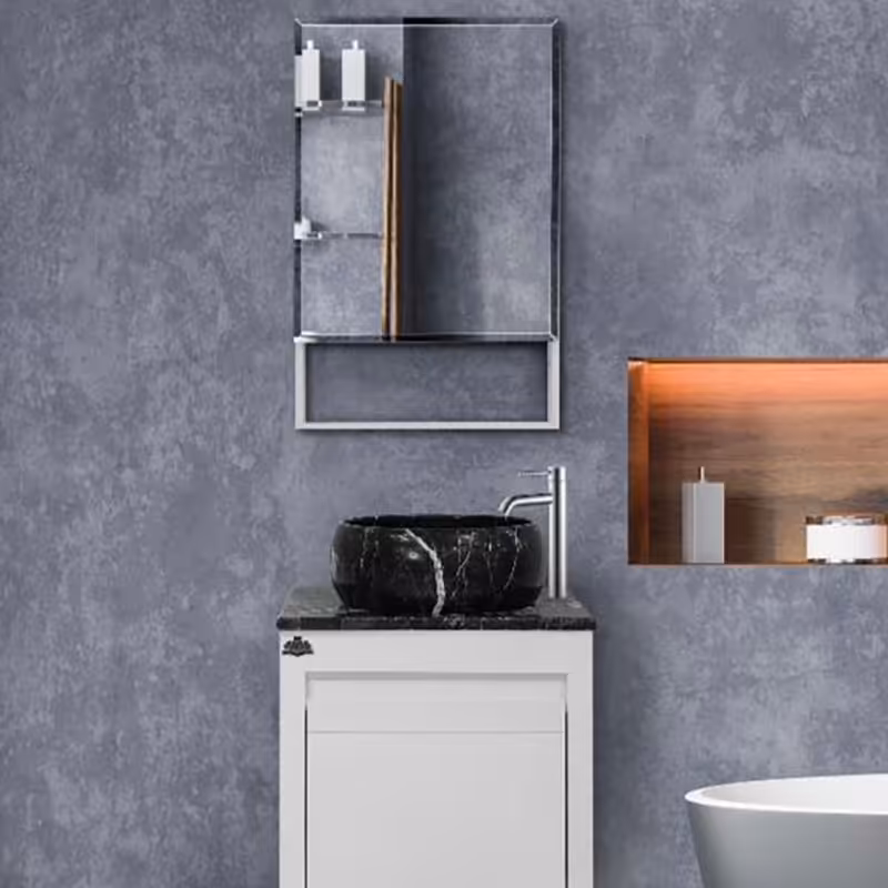 روشویی کابینتی لیزا سفید سایز 60 با سنگ طبیعی مشکی همراه آینه