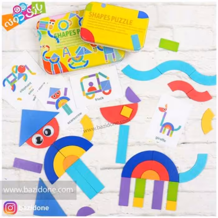 بازی فکری تطابق اشکال چوبی جعبه فلزی (زرد)