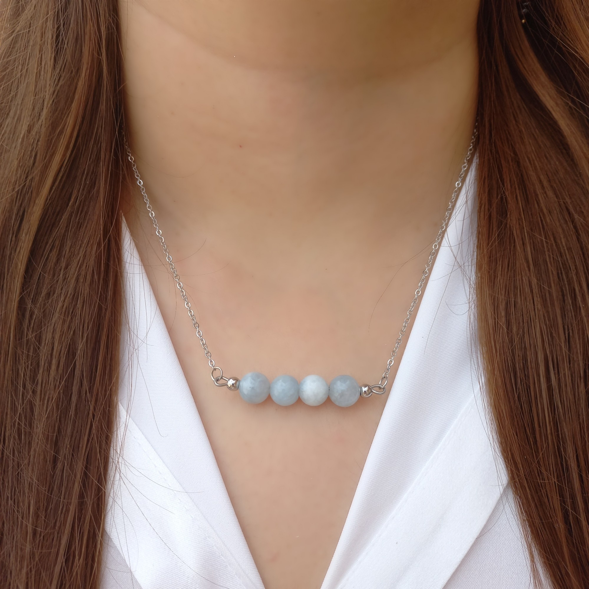 گردنبند آکوامارین طبیعی استیل