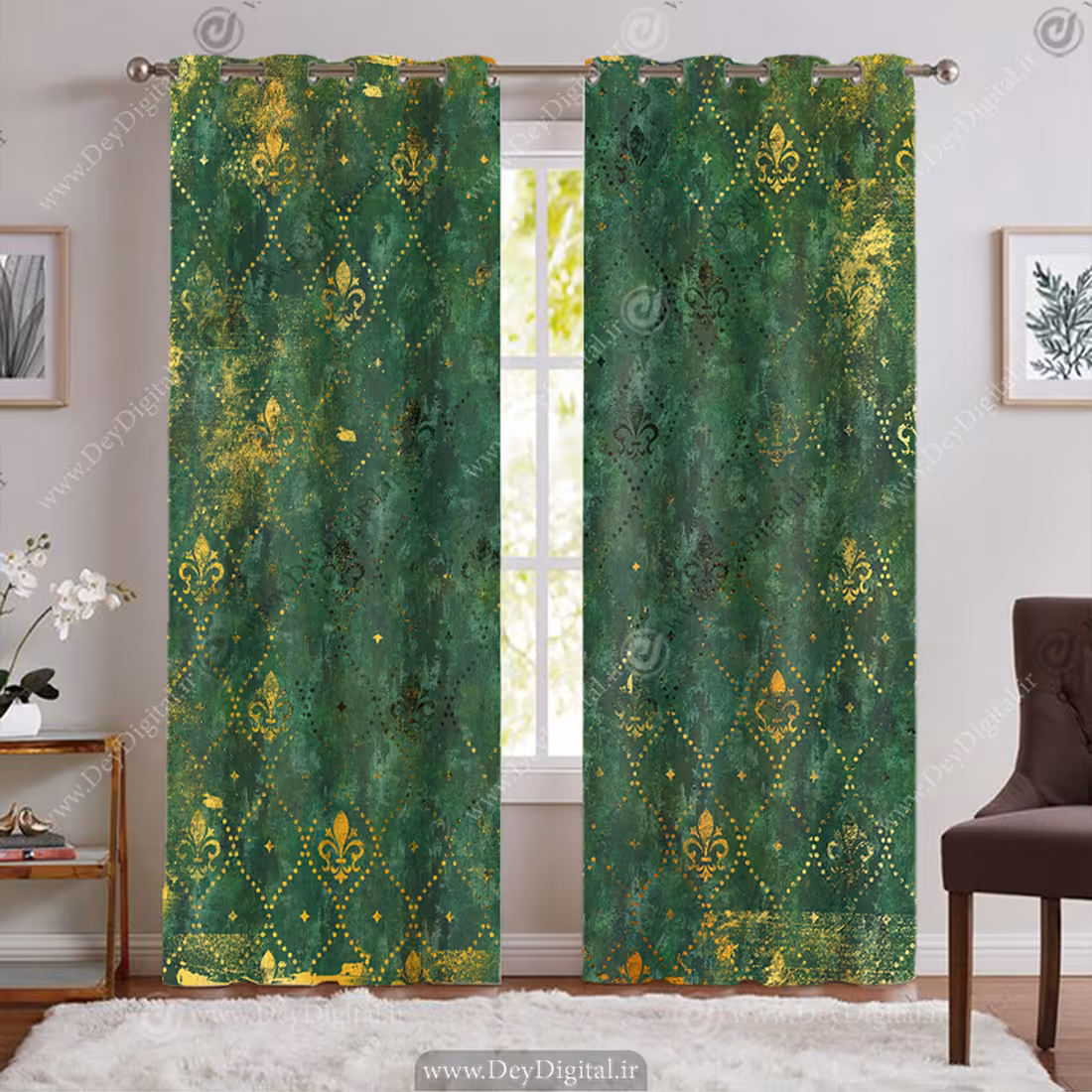 پرده پانچی سبز طلیی طرح گل داماسک پتینه ای PK-7634