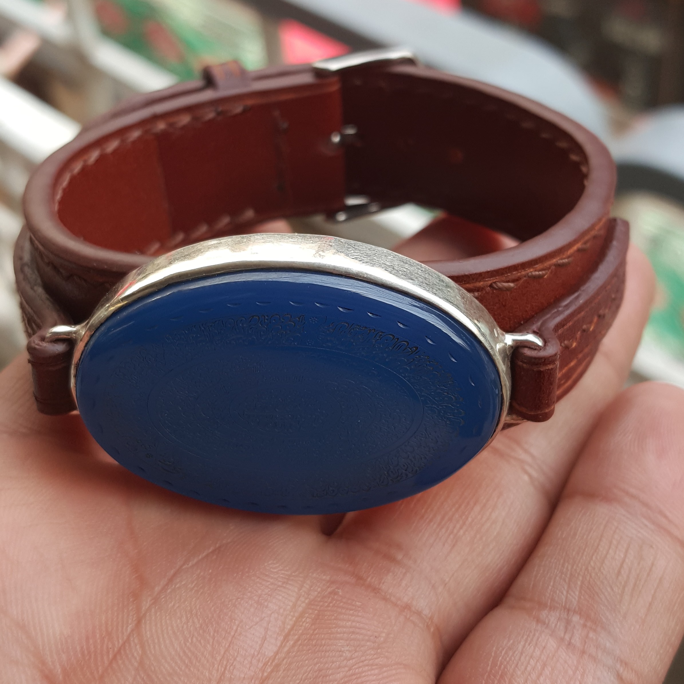 دستیند چرم گاوی طبیعی نگین عقیق آبی خط استاد ریاض