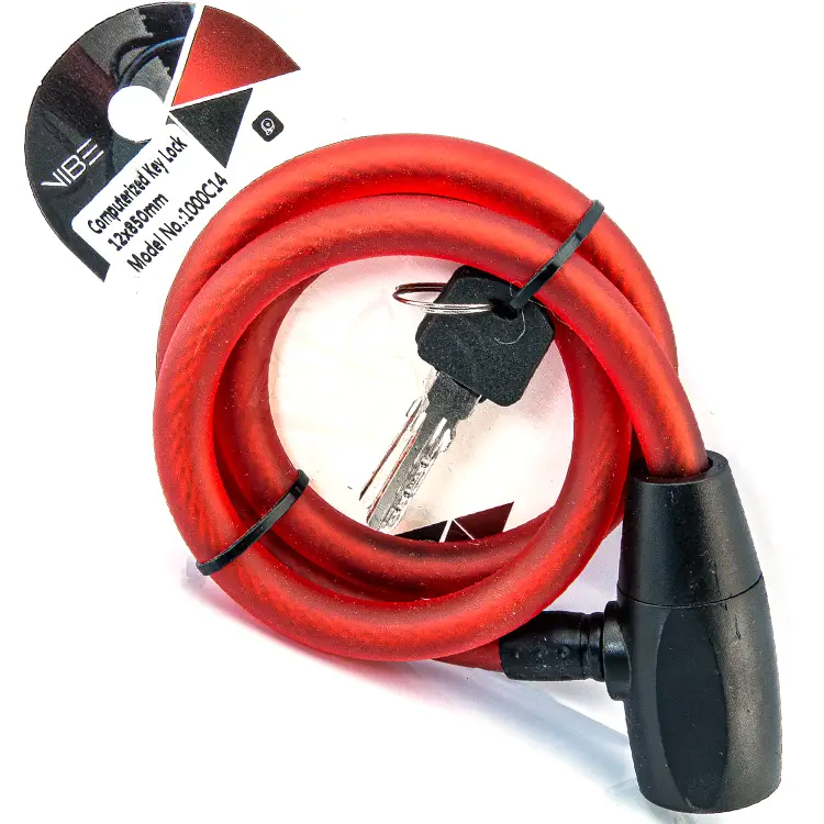 قفل کابلی سیم بکسلی کلیدی دوچرخه برند وایب مدل 1000C14 سایز 12 با طول 850میلیمتر قرمز Cable Lock Bicycle Brand VIBE Size 12x850mm Model 1000C14 Red