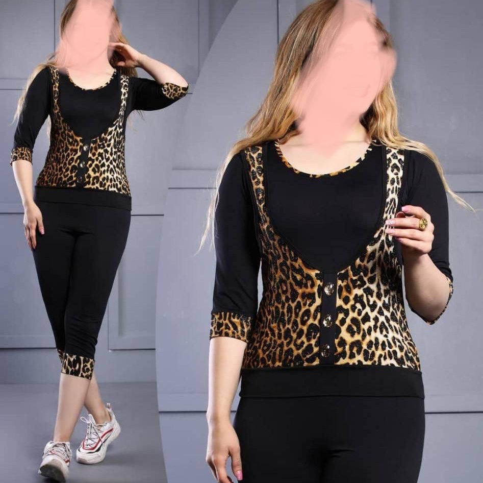 ست بلوز و شلوارک زنانه فلامنت فول کش لطیف طرح پلنگی و فری سایز