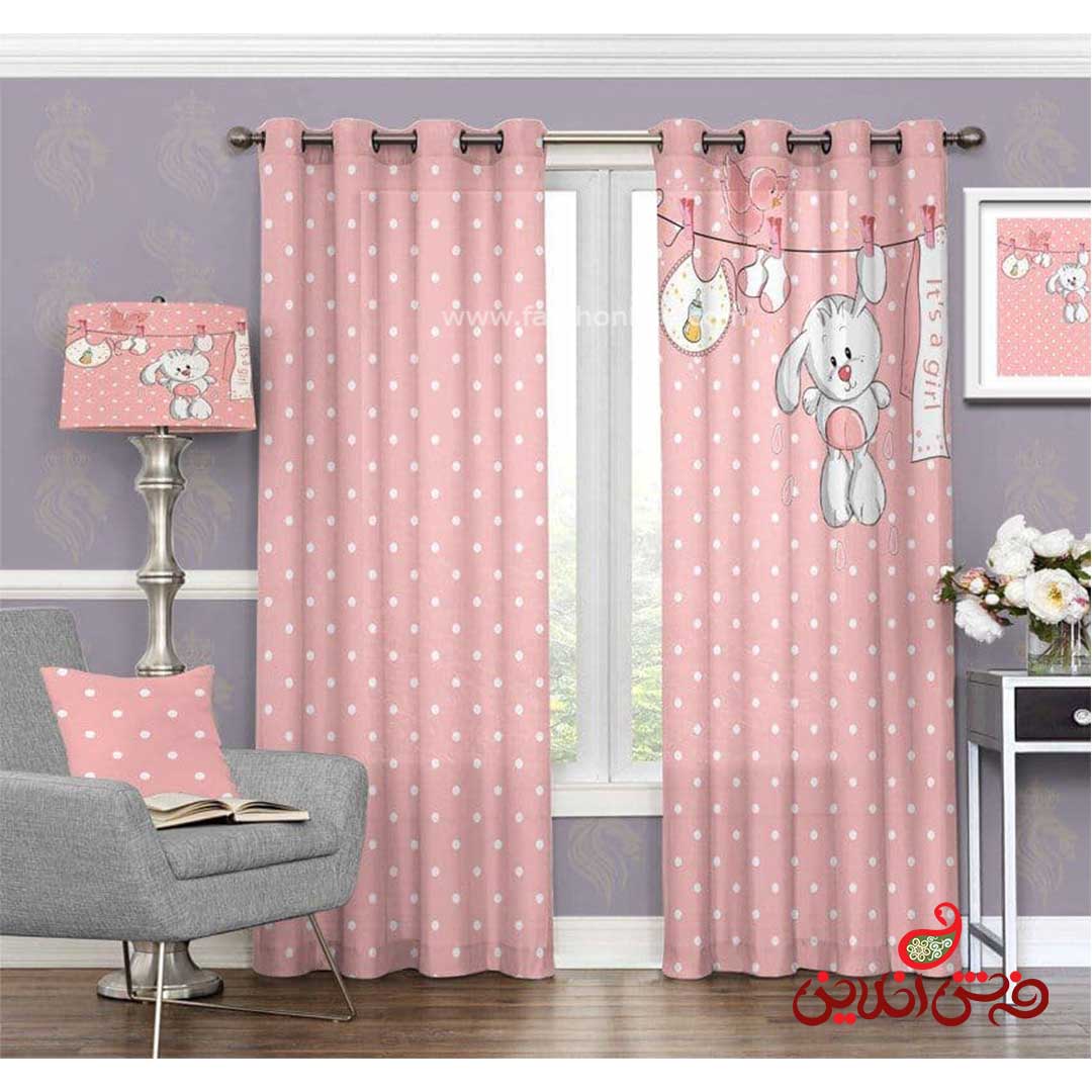 پرده 2عددی کودک طرح خرگوش و بند رخت (پس زمینه صورتی )کد 3134