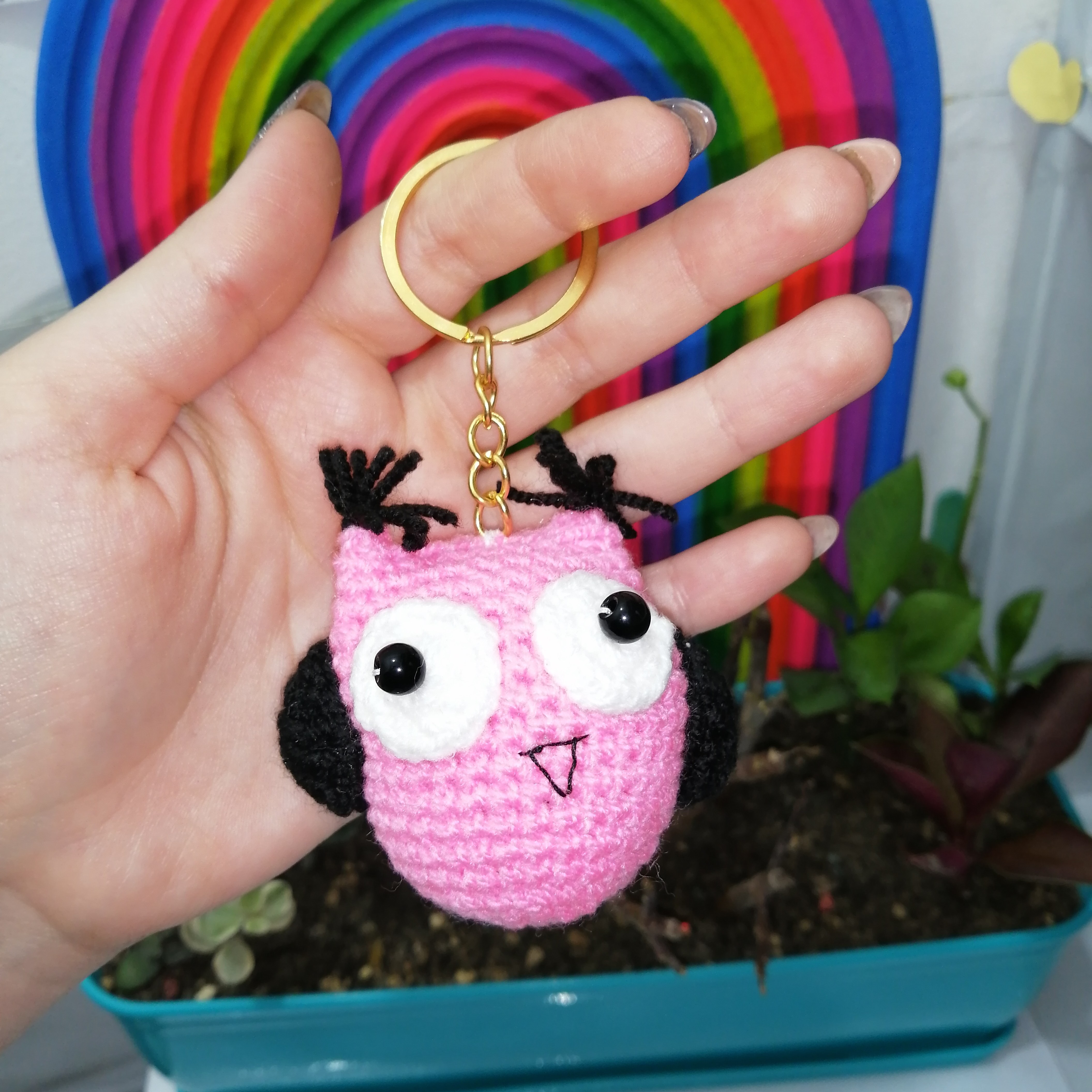 جاکلیدی جاسوئیچی بافتنی عروسک بافتنی دست بافت طرح جغد صورتی 