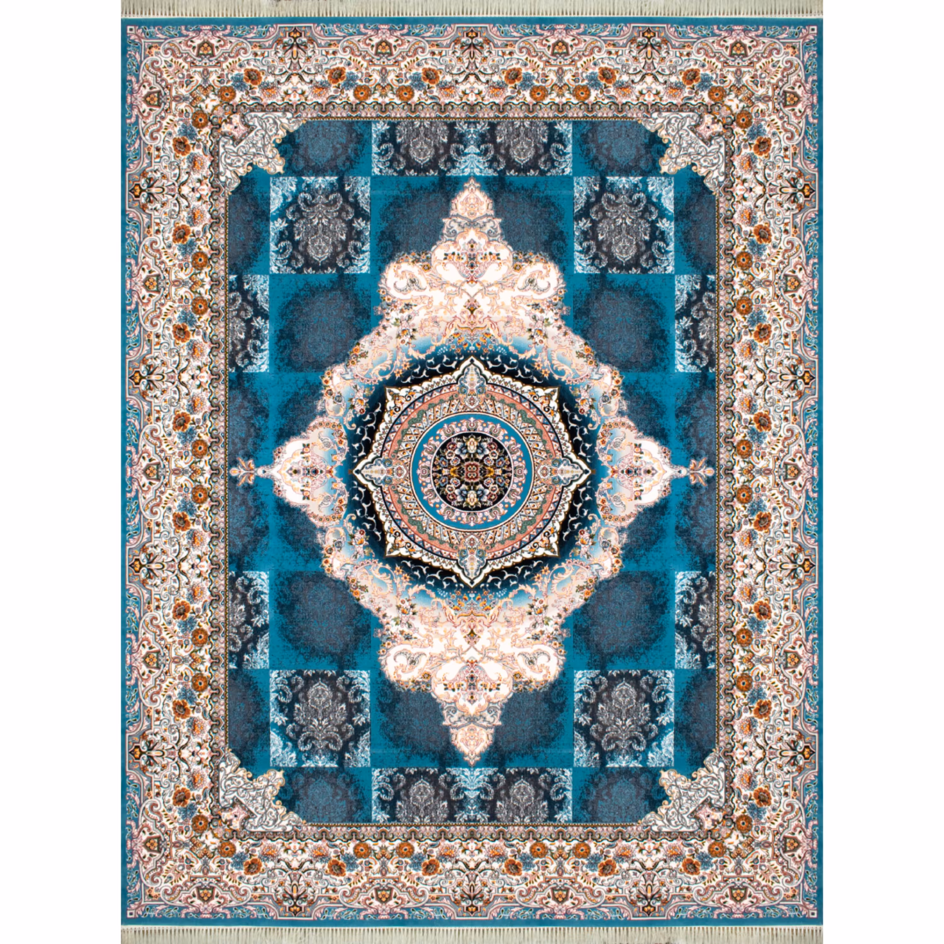 فرش ماشینی افرند 700 شانه زمینه آبی کد 7762 (دوازده متری)